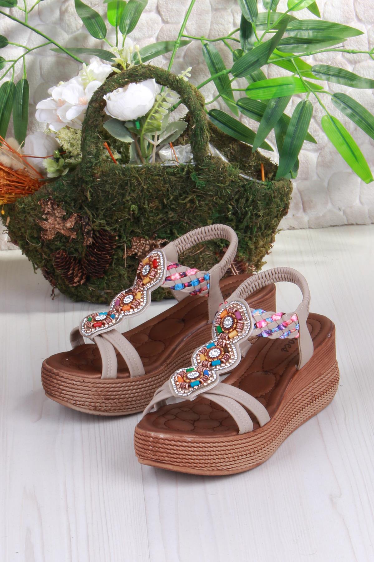 5015 Fendi Taşlı Boncuklu Dolgu Taban Kadın Sandelet - Görsel 6