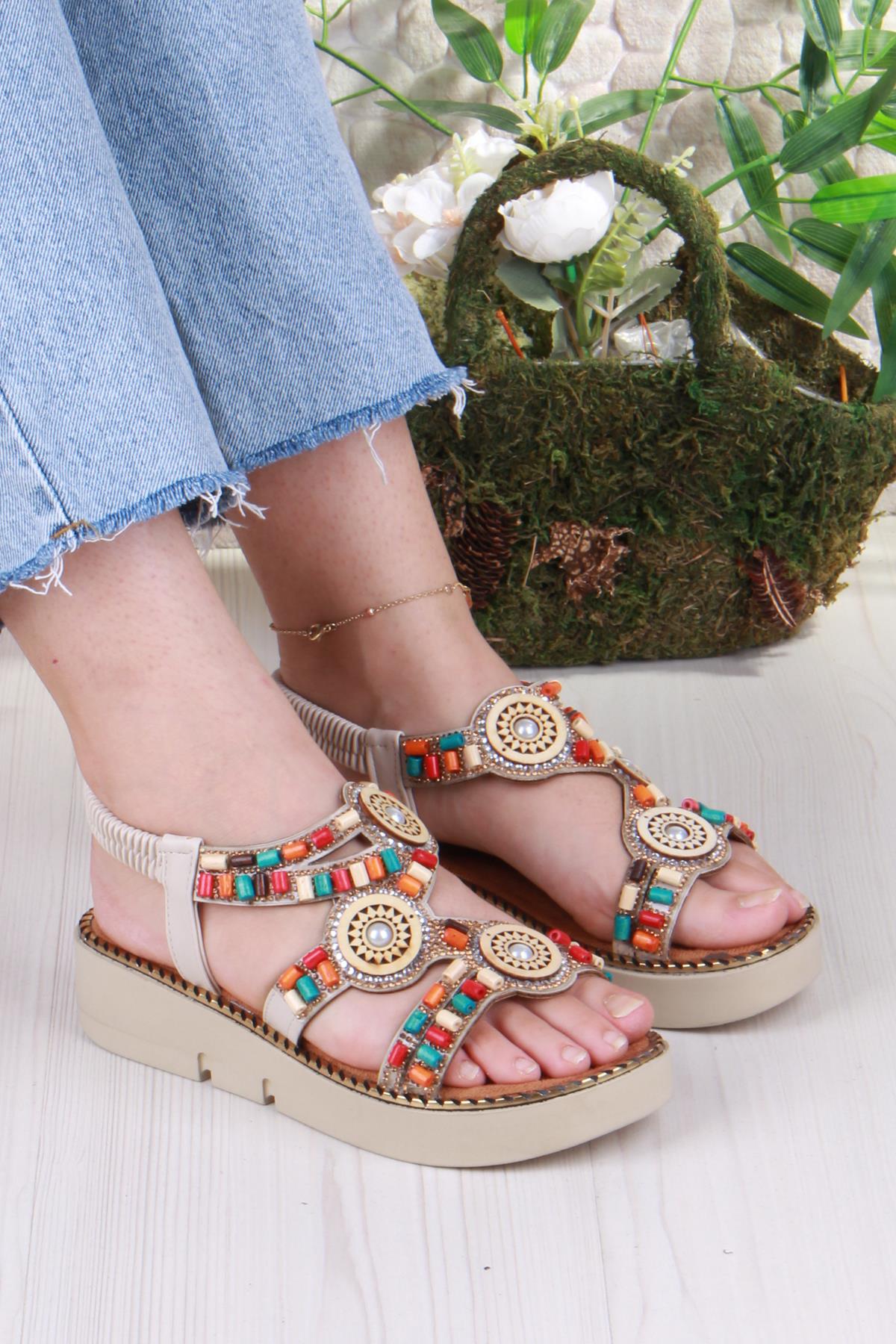 079-501 Fls Boncuk Renkli Toka Detaylı Lastik Bağlı Kalın Taban Kadın Sandalet - Görsel 2