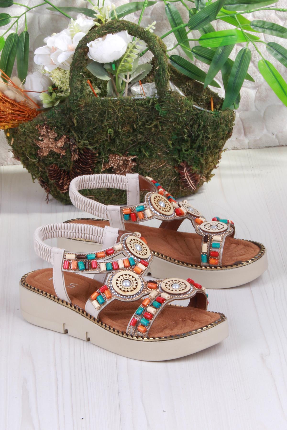 079-501 Fls Boncuk Renkli Toka Detaylı Lastik Bağlı Kalın Taban Kadın Sandalet - Görsel 5