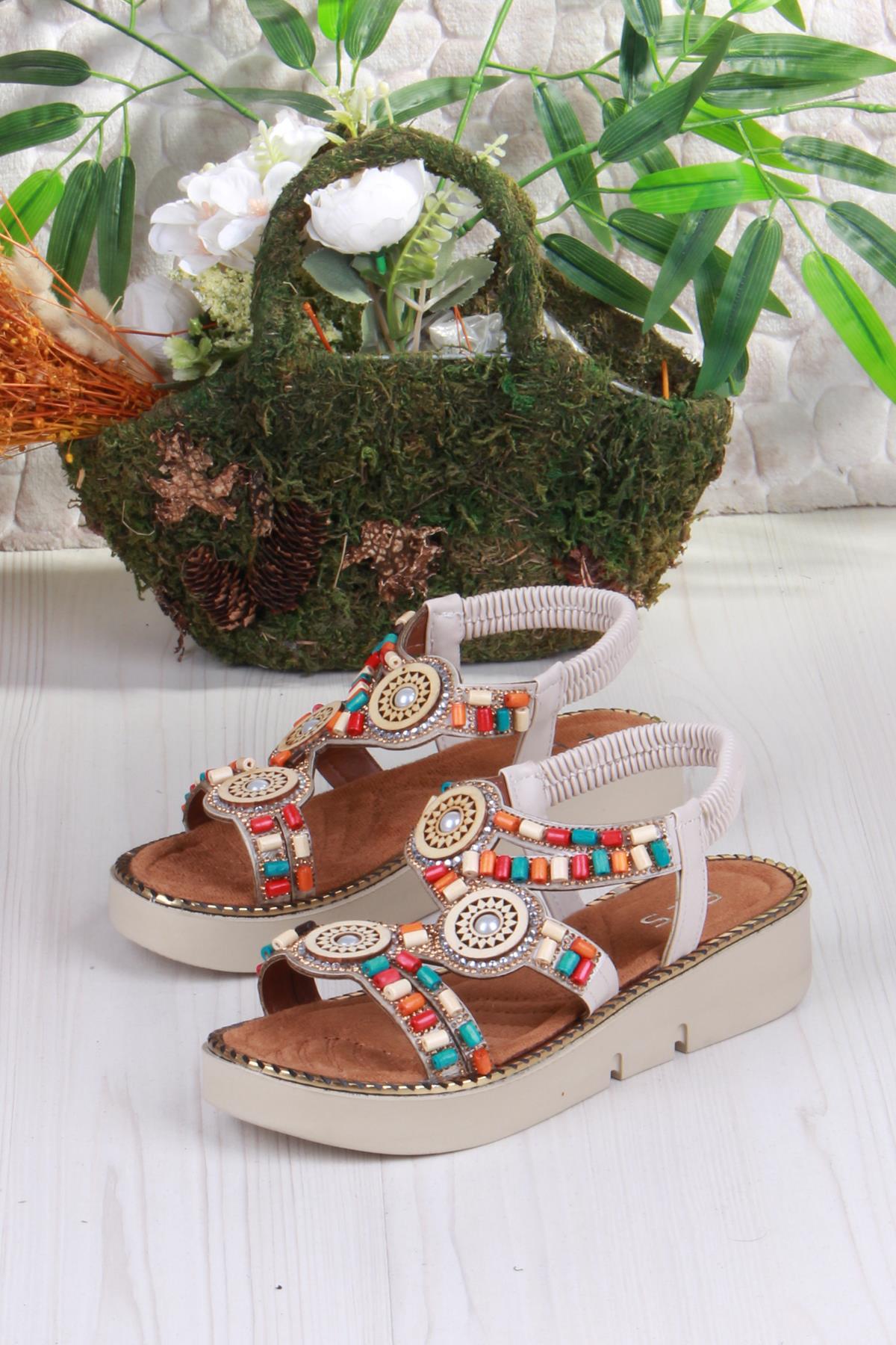 079-501 Fls Boncuk Renkli Toka Detaylı Lastik Bağlı Kalın Taban Kadın Sandalet - Görsel 6