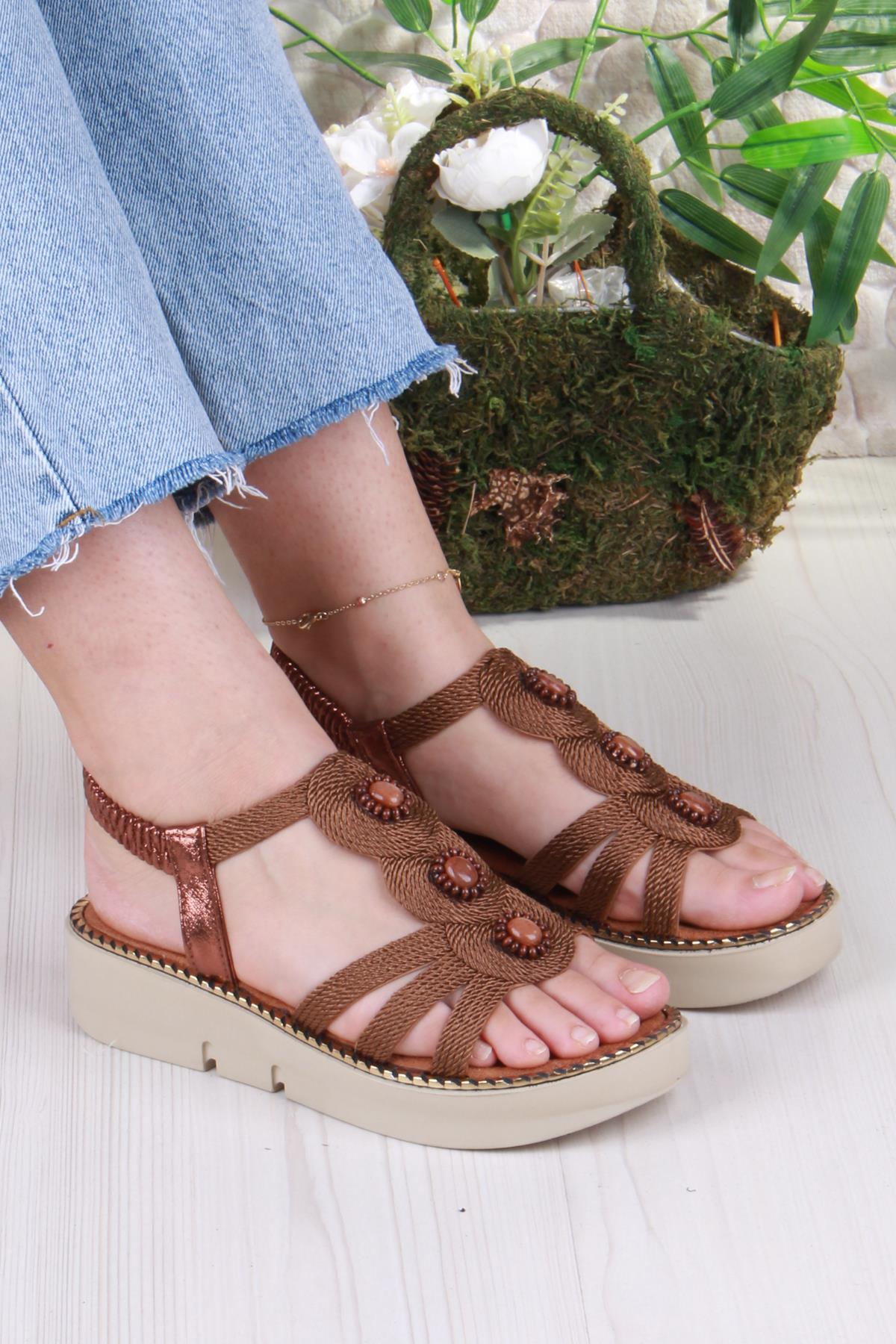 079-505 Fls Toka Detaylı Lastik Bağlı Kalın Taban Kadın Sandalet - Görsel 2