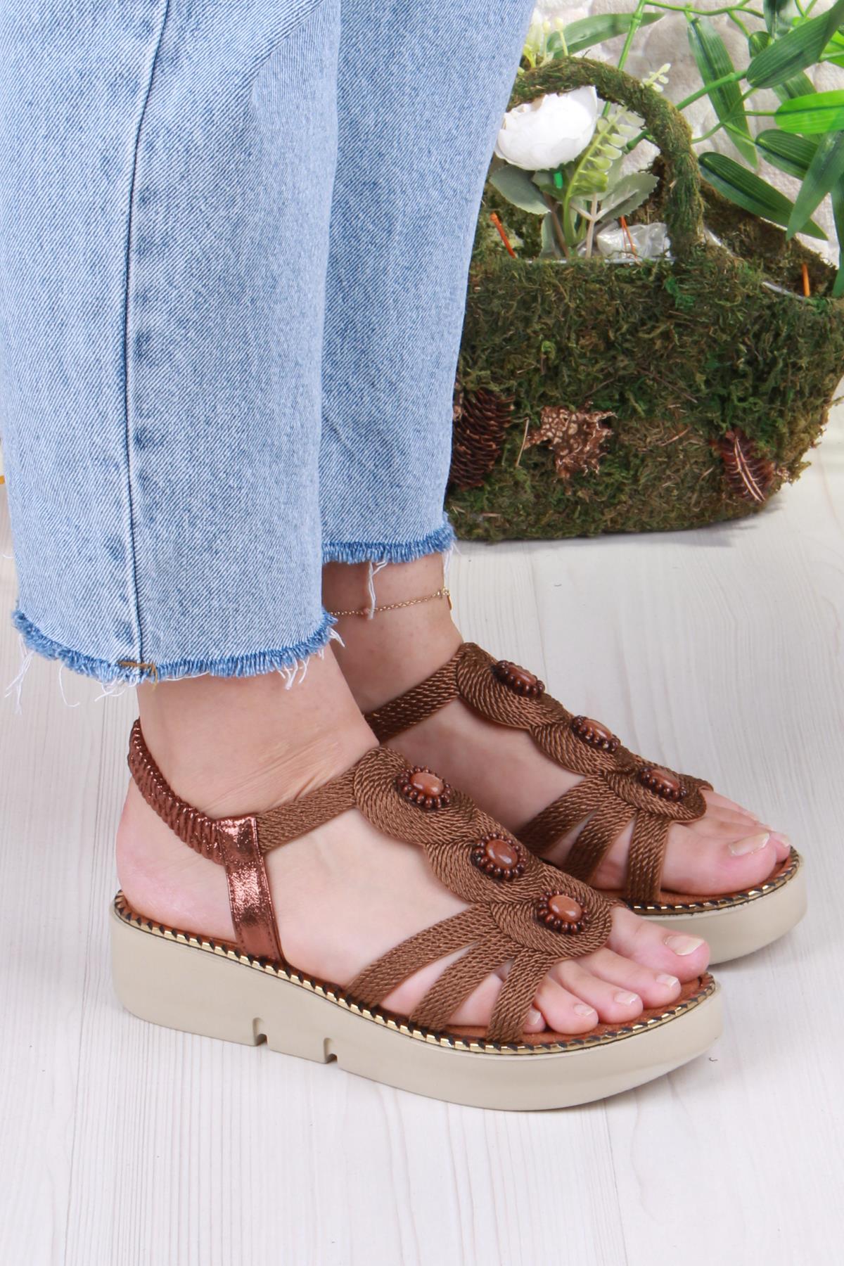 079-505 Fls Toka Detaylı Lastik Bağlı Kalın Taban Kadın Sandalet - Görsel 4