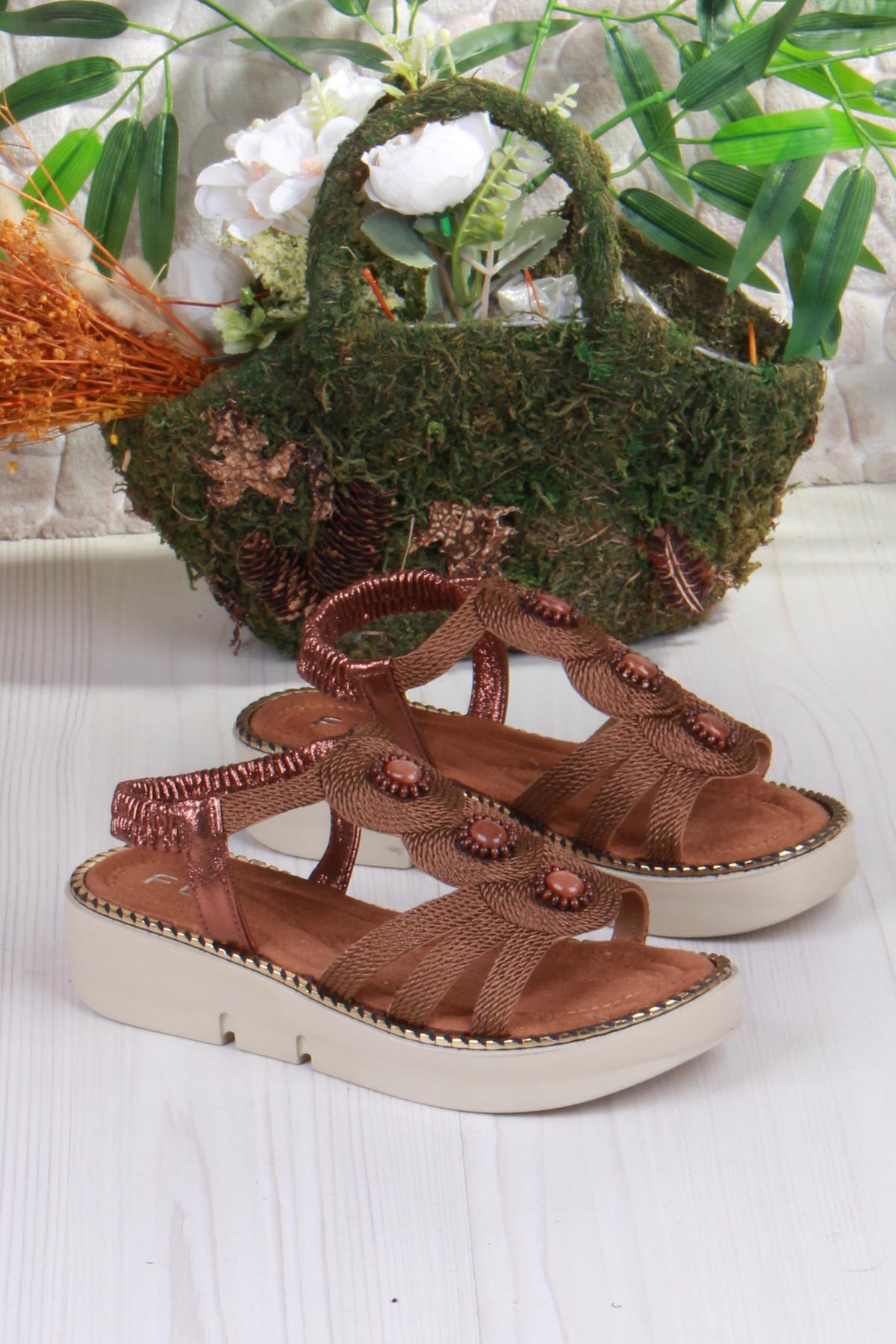 079-505 Fls Toka Detaylı Lastik Bağlı Kalın Taban Kadın Sandalet - Görsel 5