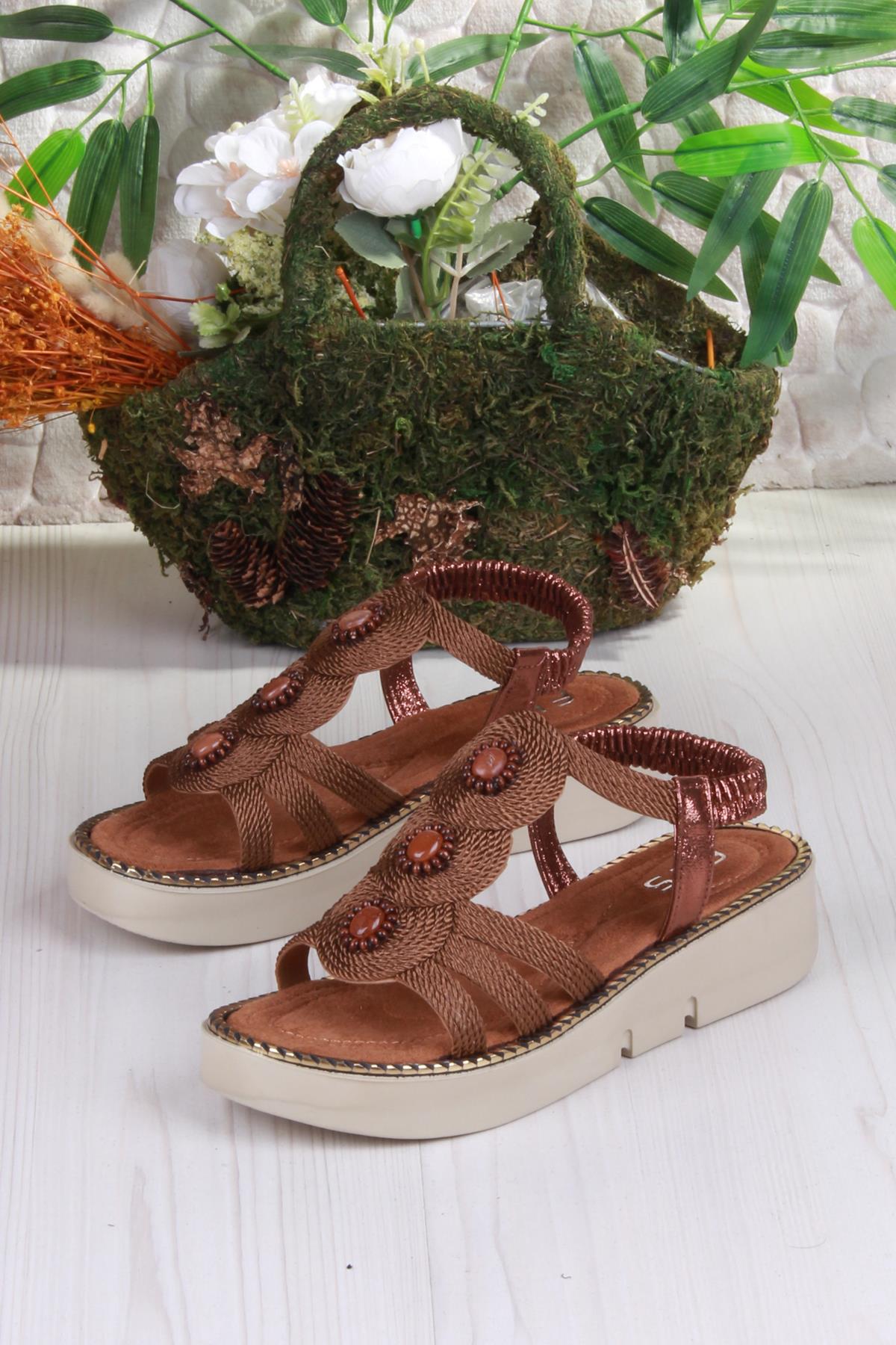 079-505 Fls Toka Detaylı Lastik Bağlı Kalın Taban Kadın Sandalet - Görsel 6