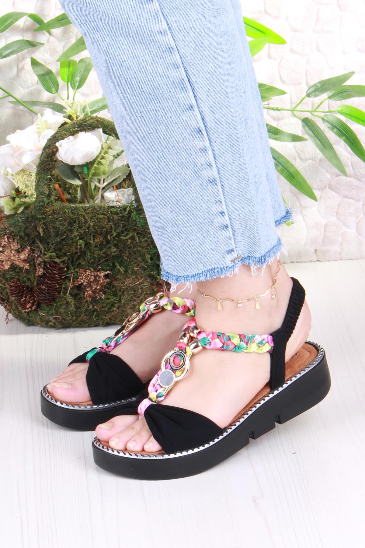 079-513 Fls Toka Detaylı Lastik Bağlı Renkli Örgü Kalın Taban Kadın Sandalet - Görsel 3