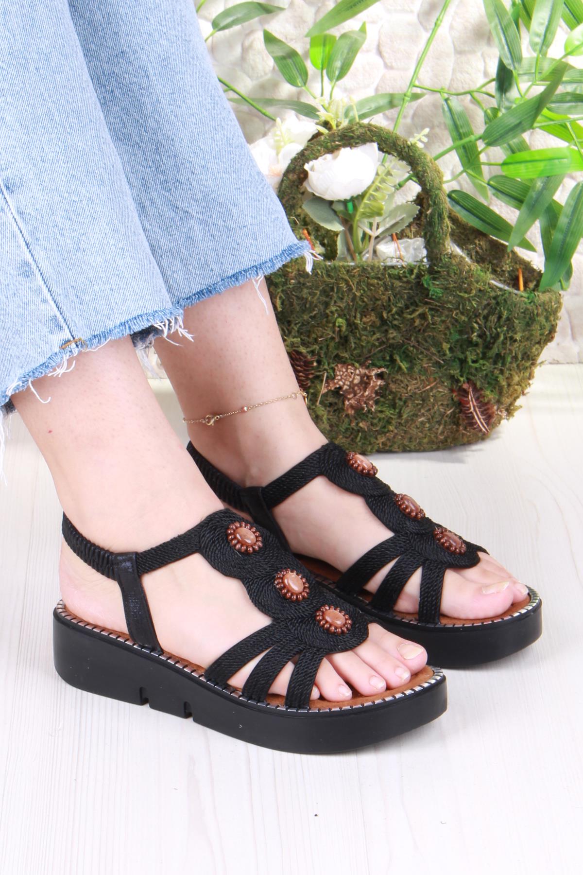 079-505 Fls Toka Detaylı Lastik Bağlı Kalın Taban Kadın Sandalet - Görsel 2