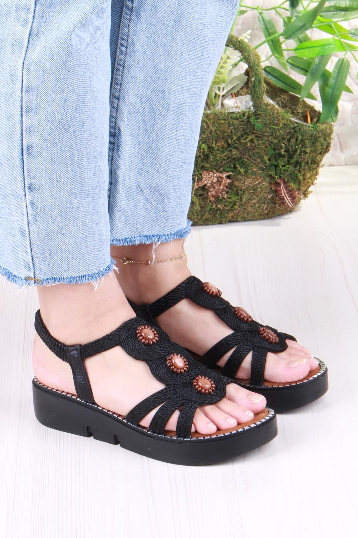 079-505 Fls Toka Detaylı Lastik Bağlı Kalın Taban Kadın Sandalet - Görsel 4