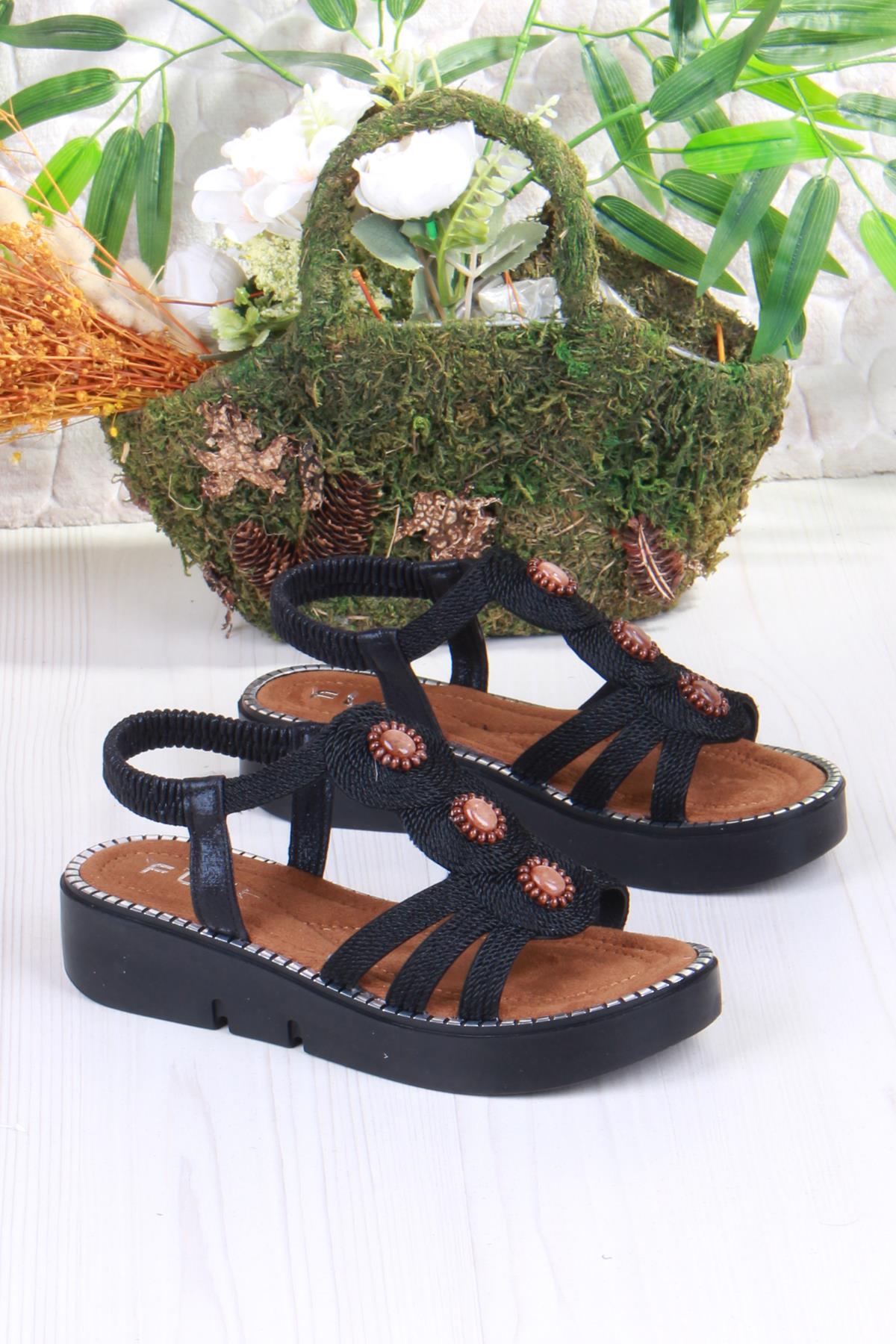 079-505 Fls Toka Detaylı Lastik Bağlı Kalın Taban Kadın Sandalet - Görsel 5