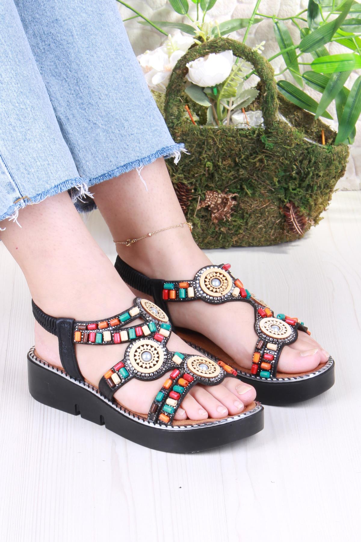 079-501 Fls Boncuk Renkli Toka Detaylı Lastik Bağlı Kalın Taban Kadın Sandalet - Görsel 2