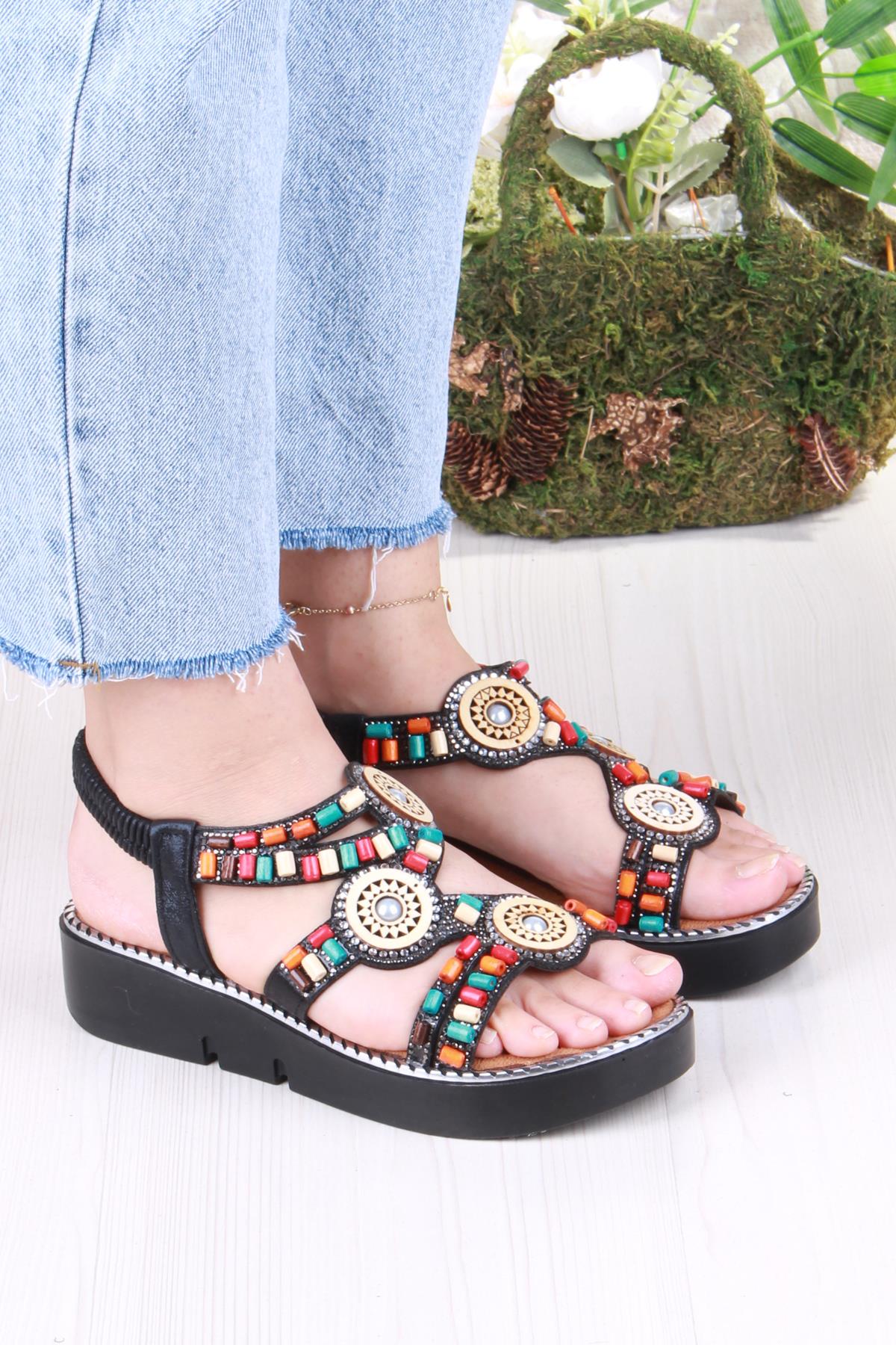 079-501 Fls Boncuk Renkli Toka Detaylı Lastik Bağlı Kalın Taban Kadın Sandalet - Görsel 4