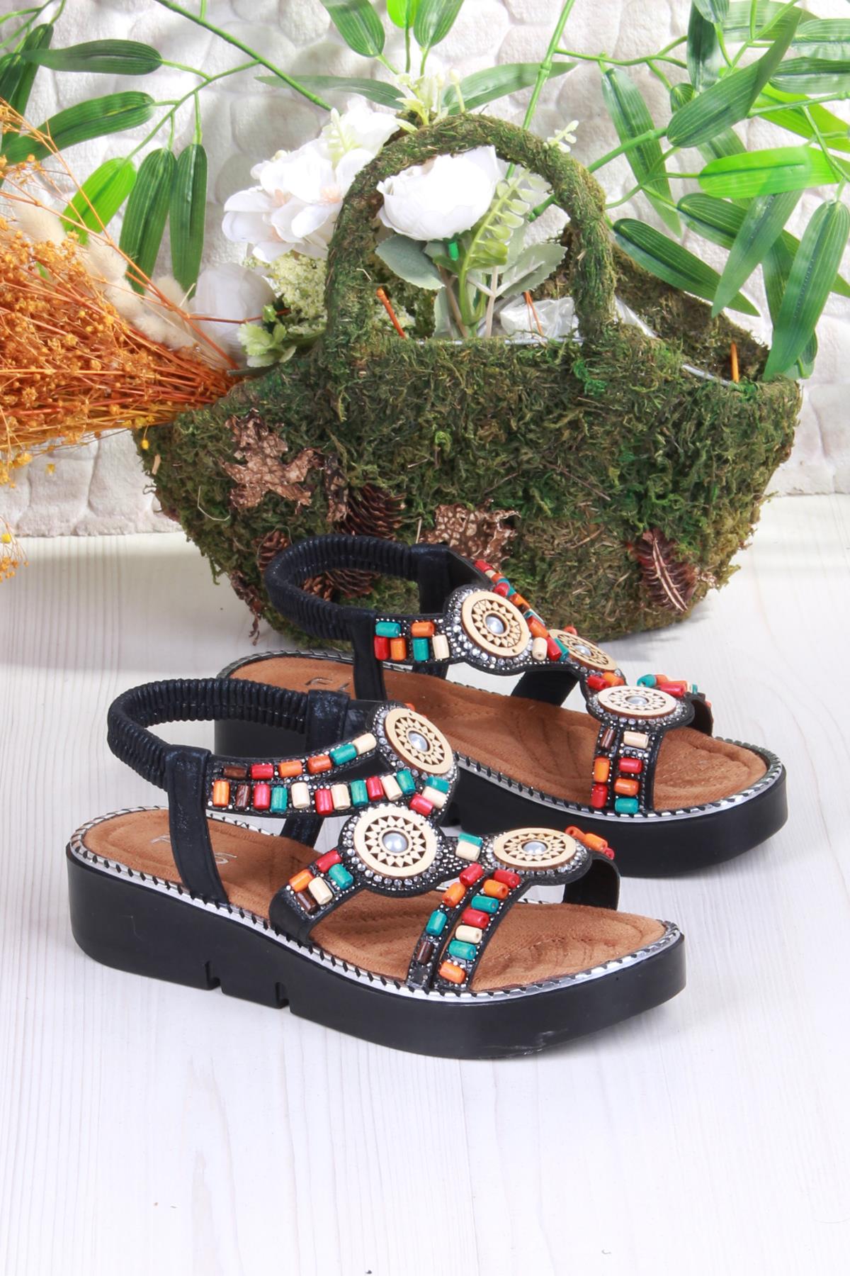 079-501 Fls Boncuk Renkli Toka Detaylı Lastik Bağlı Kalın Taban Kadın Sandalet - Görsel 5