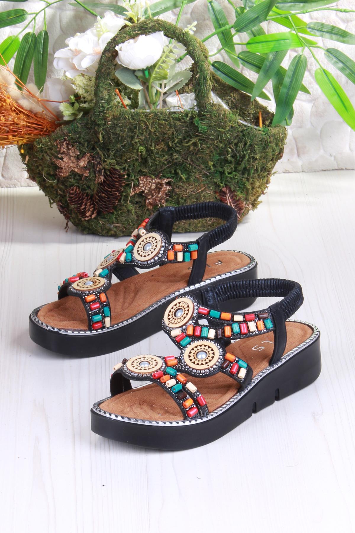 079-501 Fls Boncuk Renkli Toka Detaylı Lastik Bağlı Kalın Taban Kadın Sandalet - Görsel 6