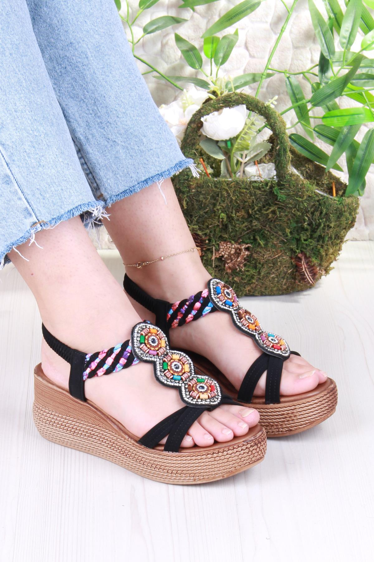 5015 Fendi Taşlı Boncuklu Dolgu Taban Kadın Sandelet - Görsel 2