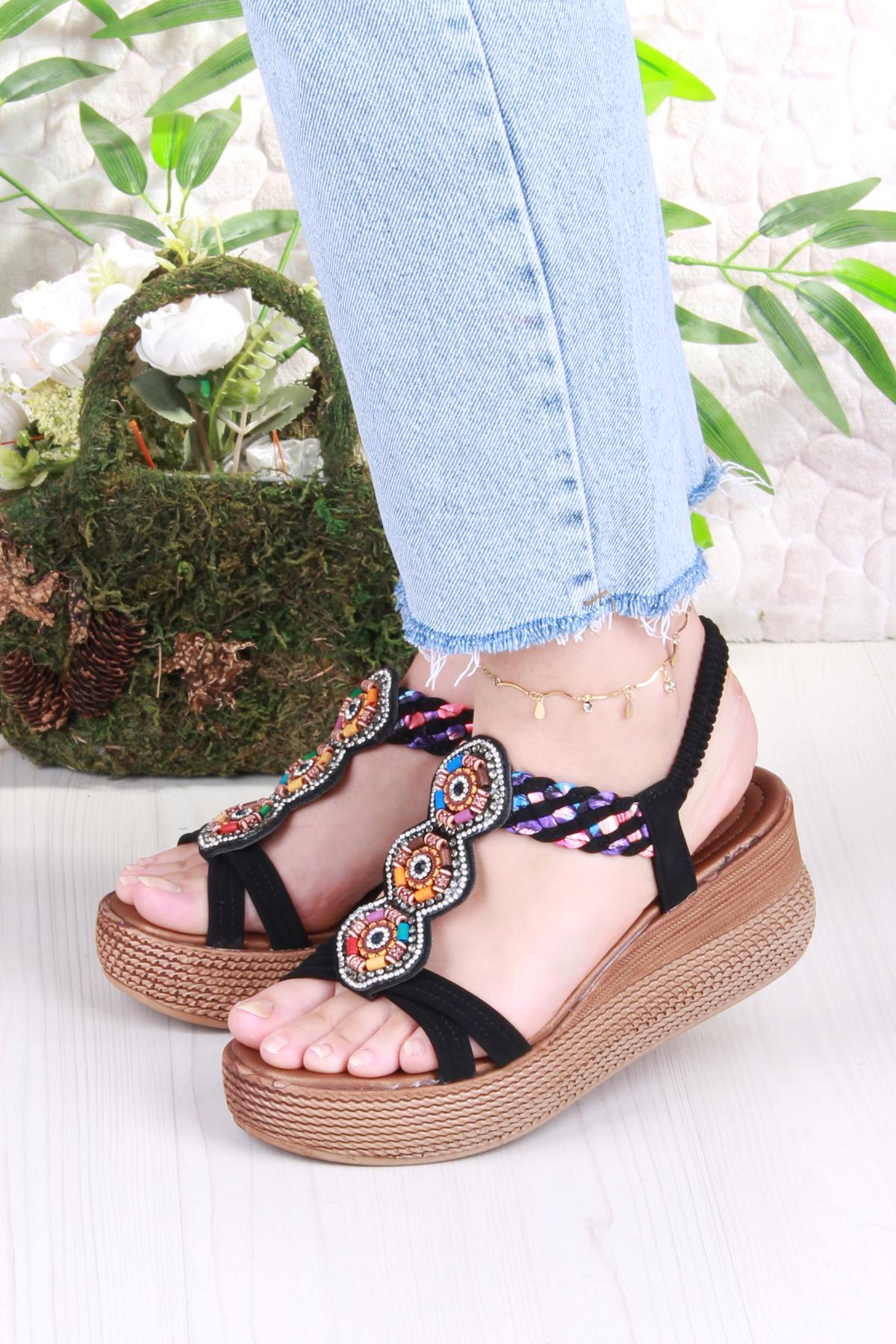 5015 Fendi Taşlı Boncuklu Dolgu Taban Kadın Sandelet - Görsel 3