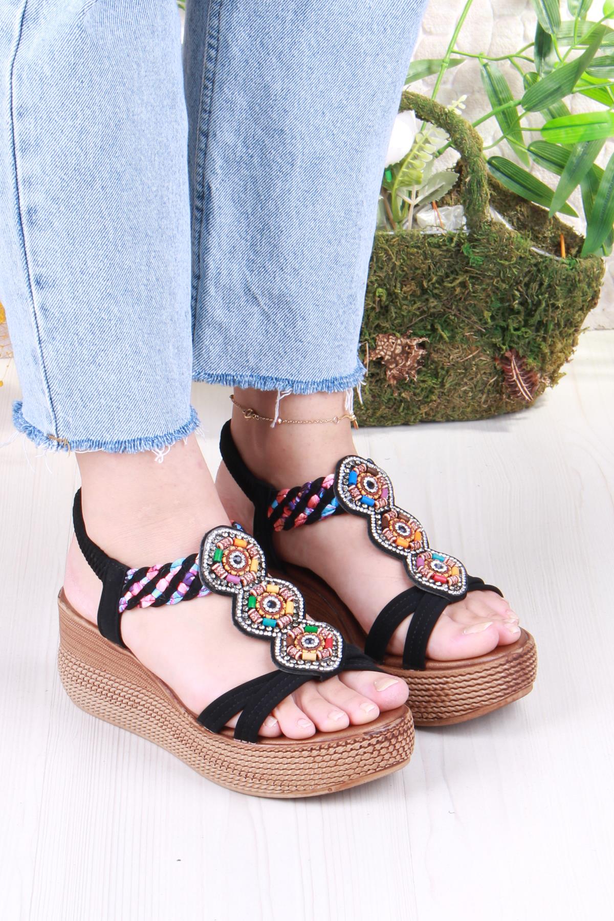 5015 Fendi Taşlı Boncuklu Dolgu Taban Kadın Sandelet - Görsel 4