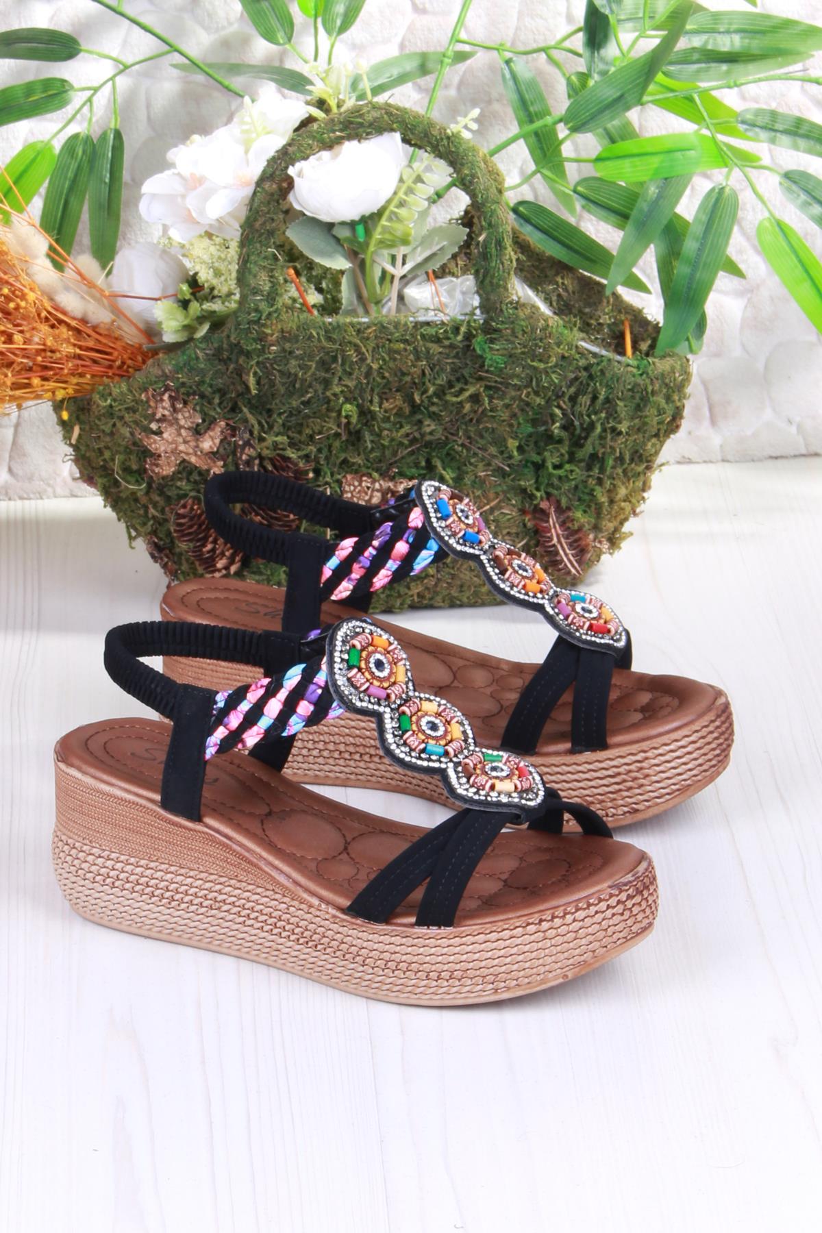 5015 Fendi Taşlı Boncuklu Dolgu Taban Kadın Sandelet - Görsel 5