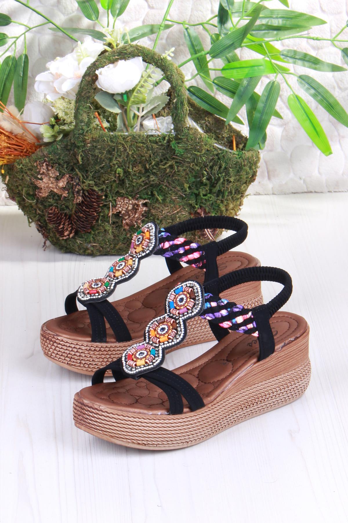 5015 Fendi Taşlı Boncuklu Dolgu Taban Kadın Sandelet - Görsel 6