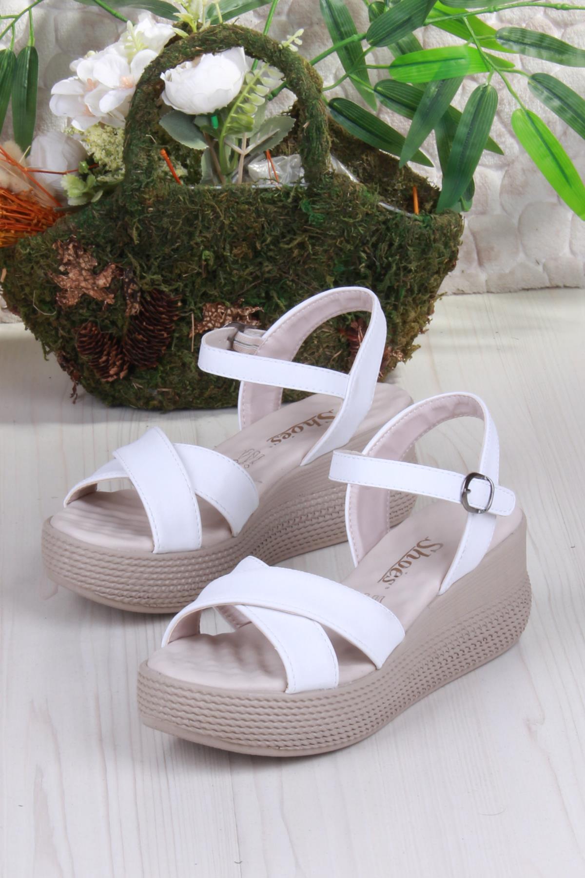 05-7008 Soft Rahat Toka Detaylı Dolgu Taban Çapraz Bant Kadın Sandalet - Görsel 6