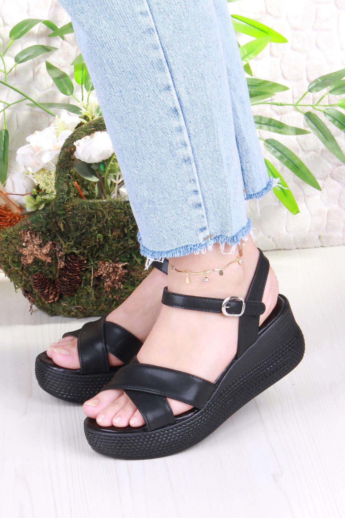 05-7008 Soft Rahat Toka Detaylı Dolgu Taban Çapraz Bant Kadın Sandalet - Görsel 3