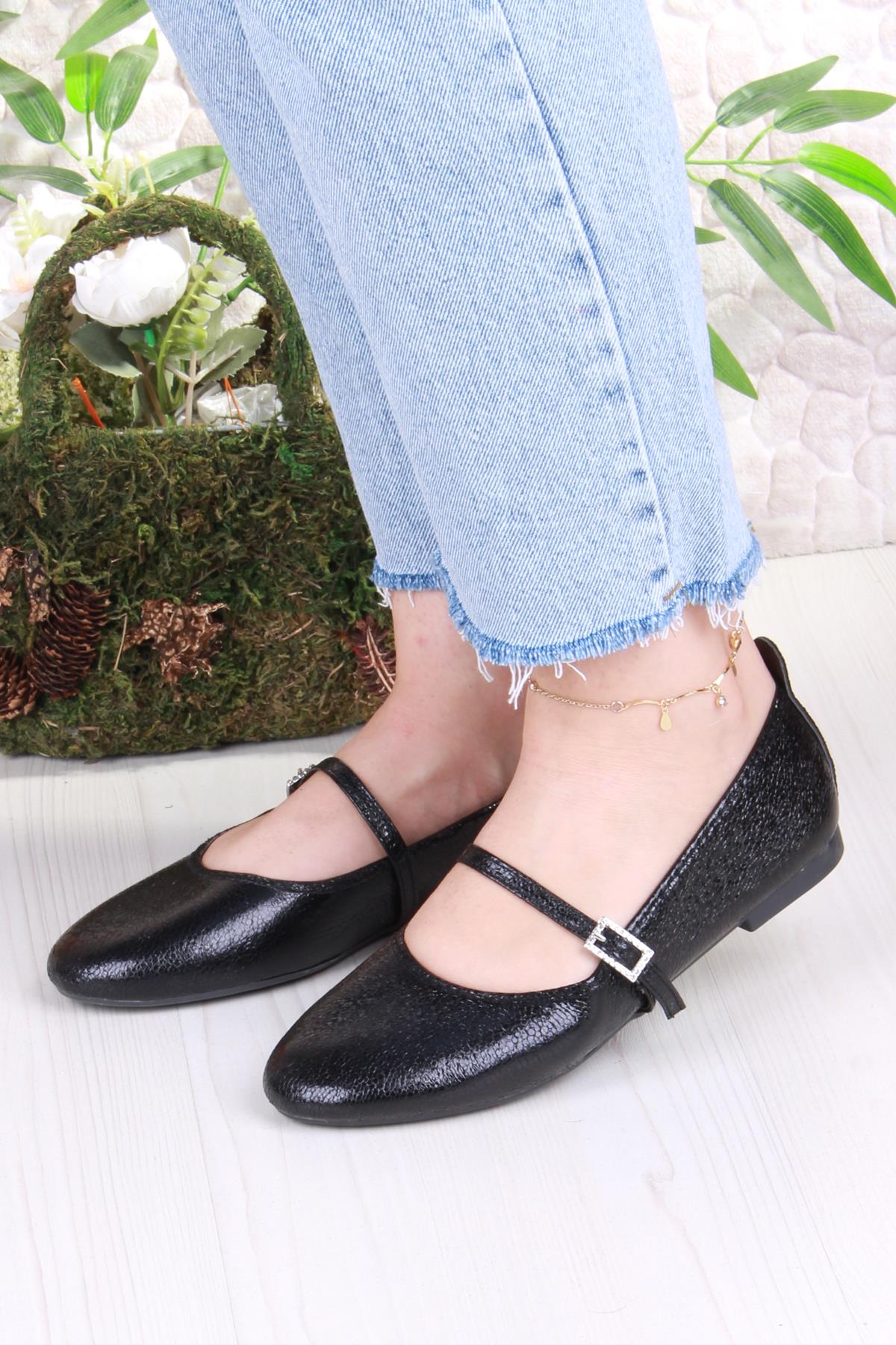 01-636 Soft Baskılı Toka Detaylı Şık Ev İş Ofis Rahat Günlük Ayakkabı Kadın Babet - Görsel 3
