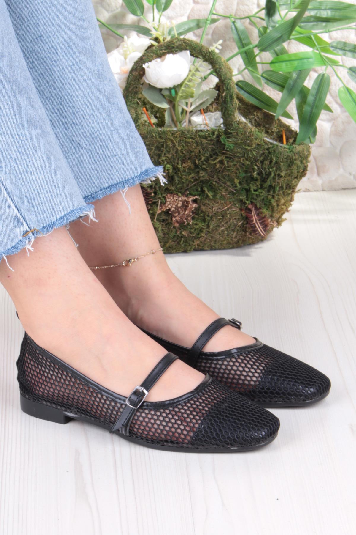 402 Ceyn Fileli Triko Toka Detaylı Şık Ev İş Ofis Rahat Günlük Ayakkabı Kadın Babet - Görsel 2