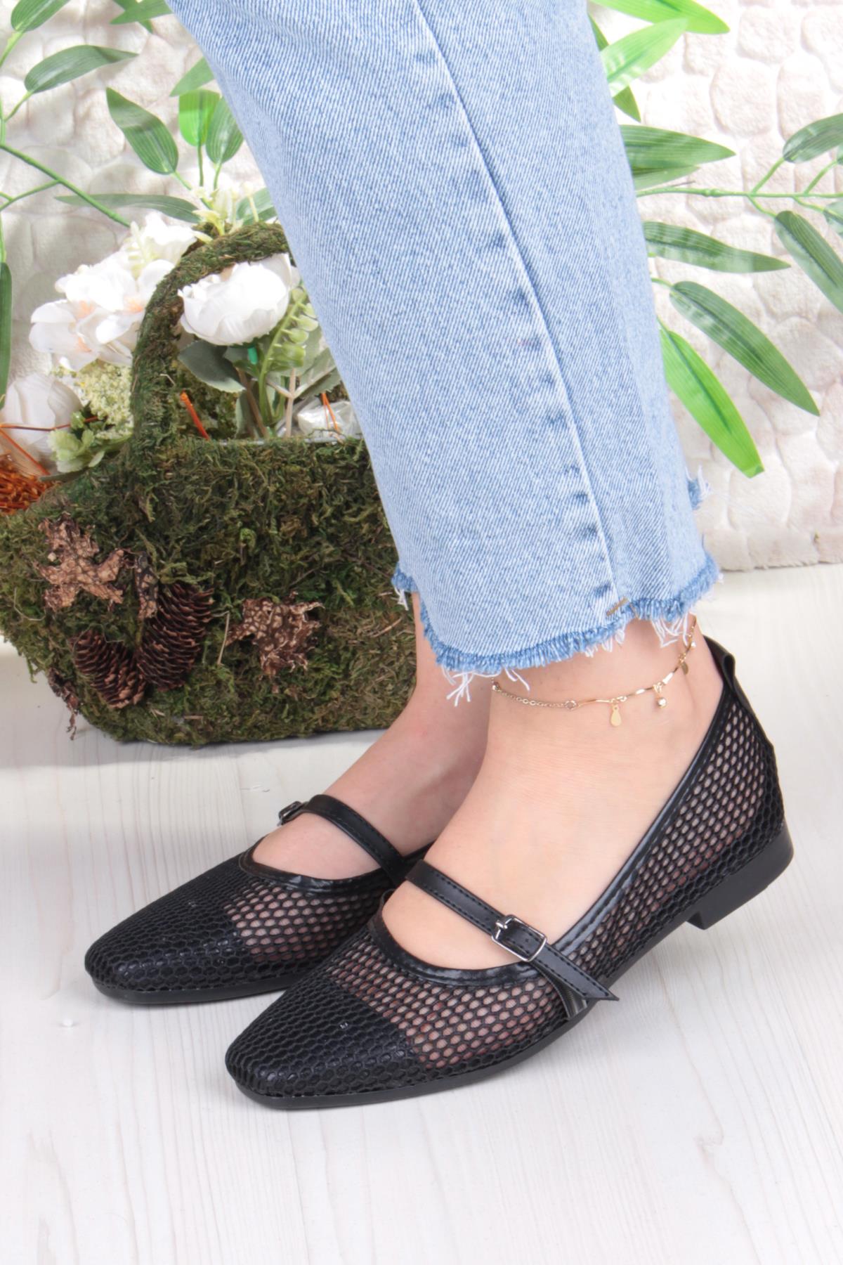 402 Ceyn Fileli Triko Toka Detaylı Şık Ev İş Ofis Rahat Günlük Ayakkabı Kadın Babet - Görsel 3