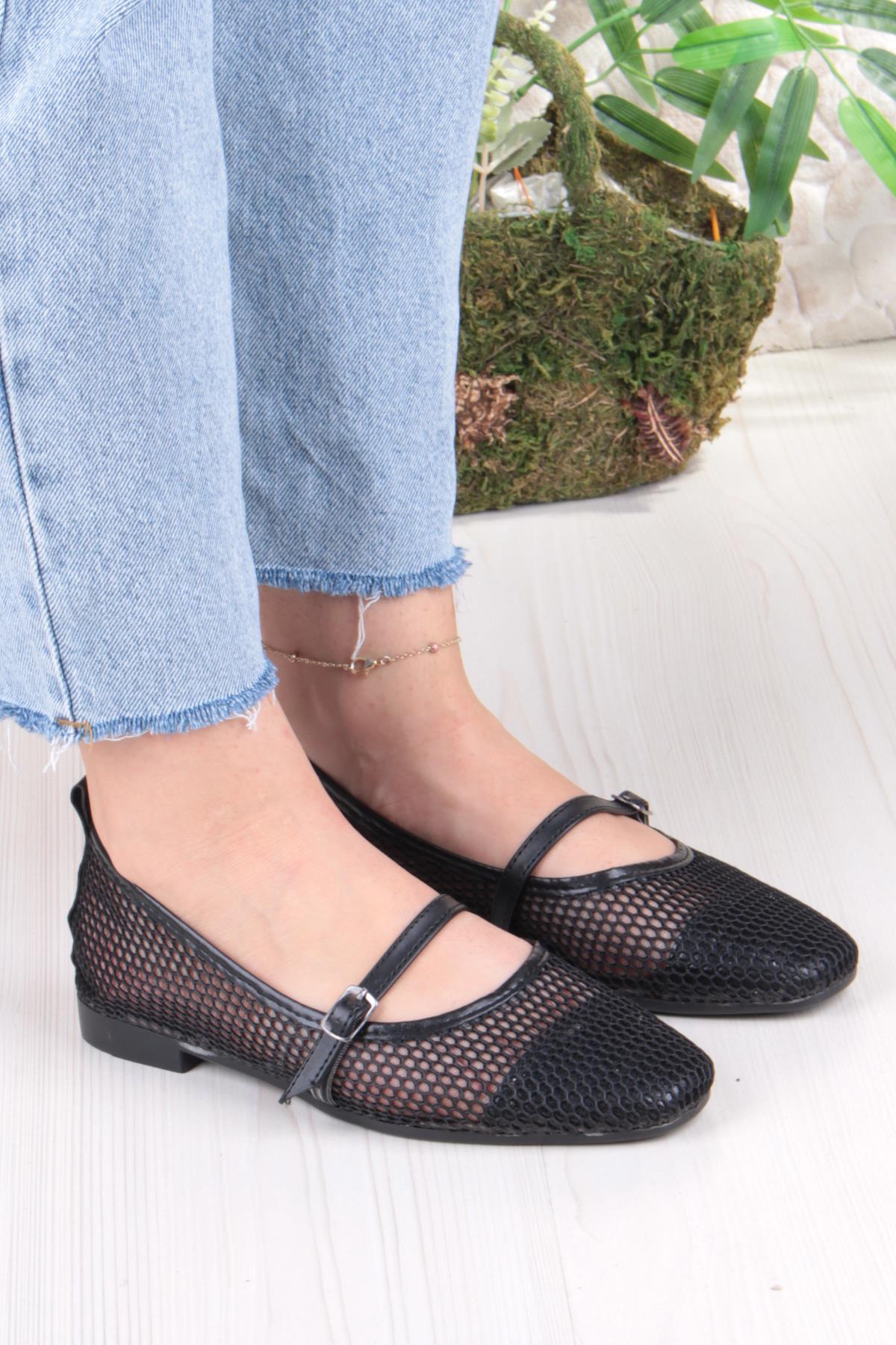 402 Ceyn Fileli Triko Toka Detaylı Şık Ev İş Ofis Rahat Günlük Ayakkabı Kadın Babet - Görsel 4