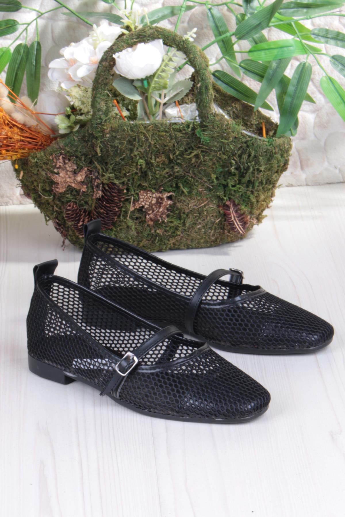 402 Ceyn Fileli Triko Toka Detaylı Şık Ev İş Ofis Rahat Günlük Ayakkabı Kadın Babet - Görsel 5