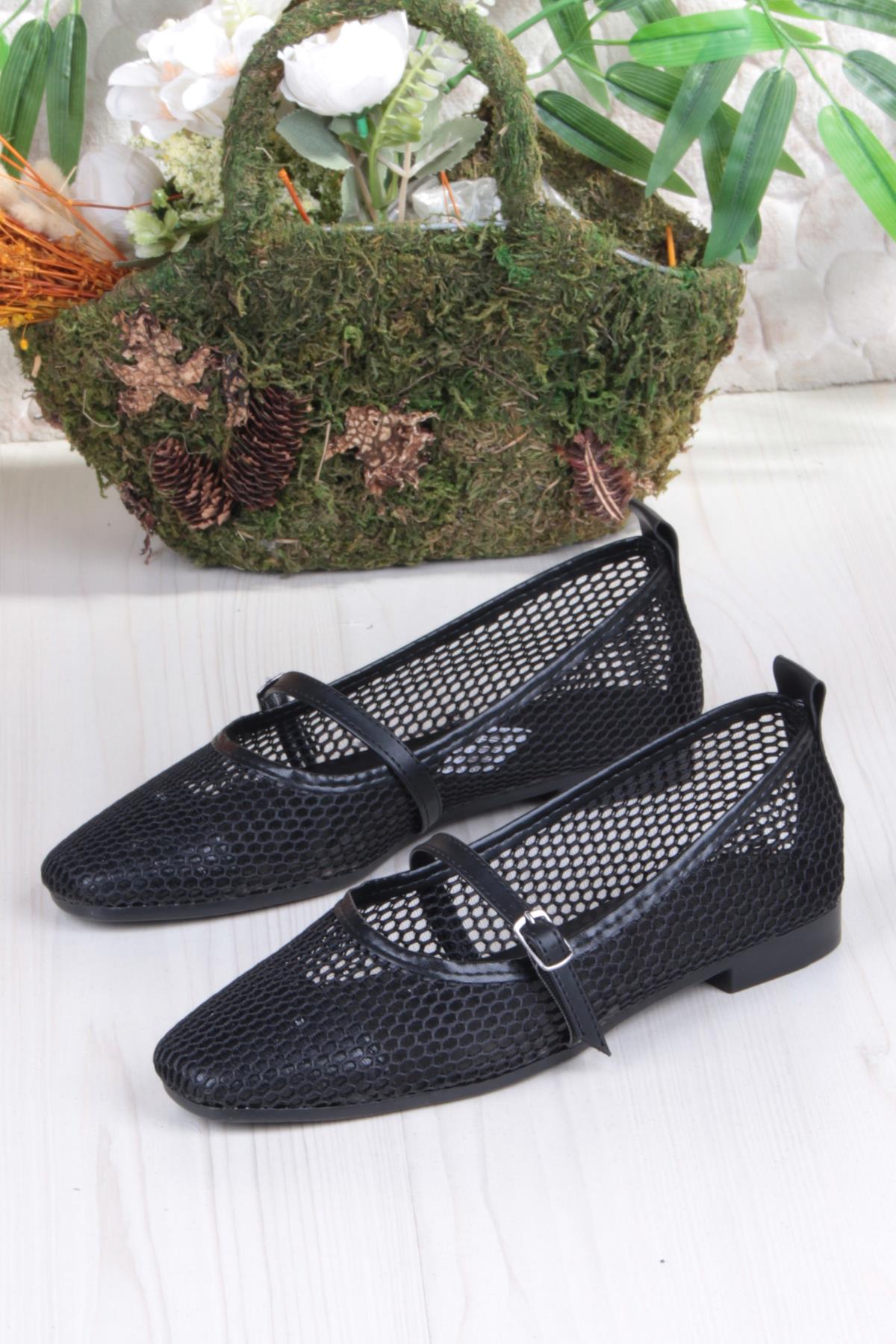 402 Ceyn Fileli Triko Toka Detaylı Şık Ev İş Ofis Rahat Günlük Ayakkabı Kadın Babet - Görsel 6