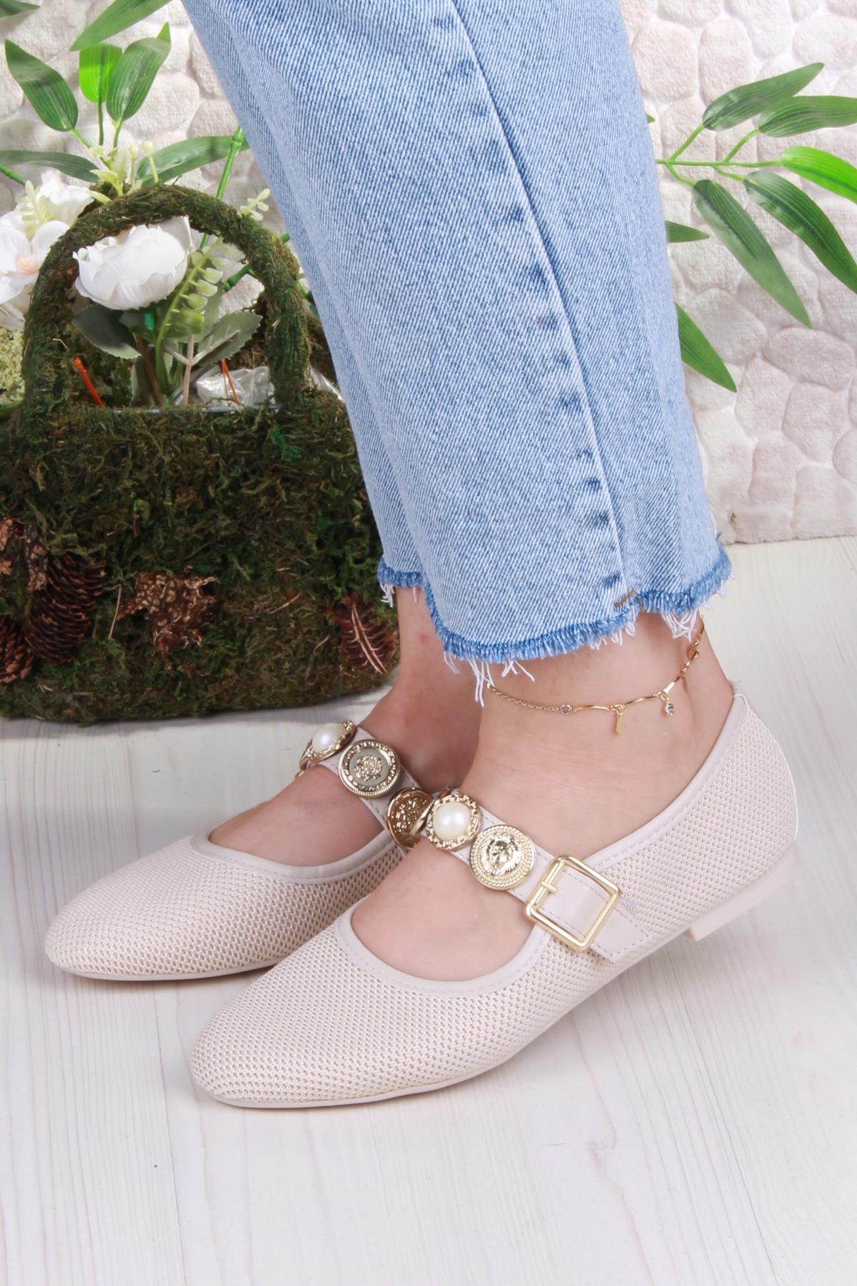 410 Ceyn Triko Toka Detaylı Şık Ev İş Ofis Rahat Günlük Ayakkabı Kadın Babet - Görsel 3