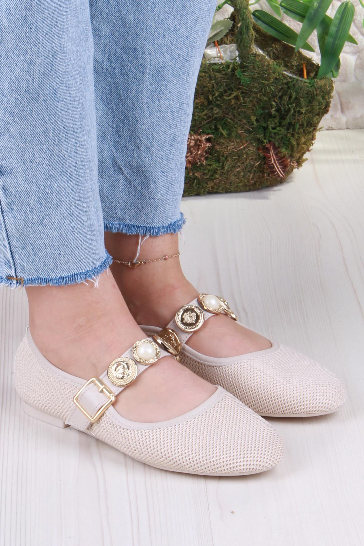 410 Ceyn Triko Toka Detaylı Şık Ev İş Ofis Rahat Günlük Ayakkabı Kadın Babet - Görsel 4