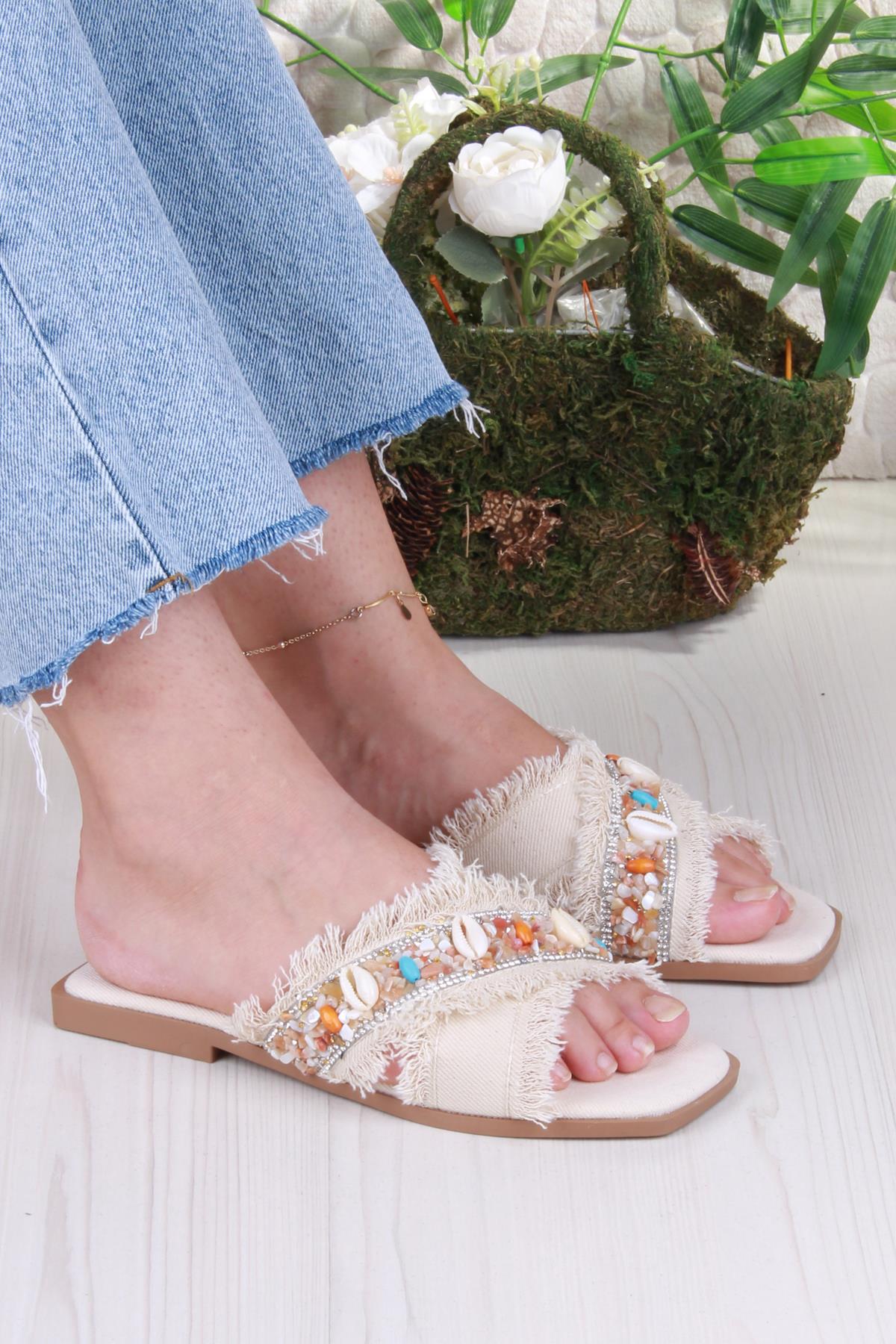 3571 Keten Bonçuk Taş Detaylı Tatil Terliği Günlük Terlik Kadın Terlik - Görsel 2