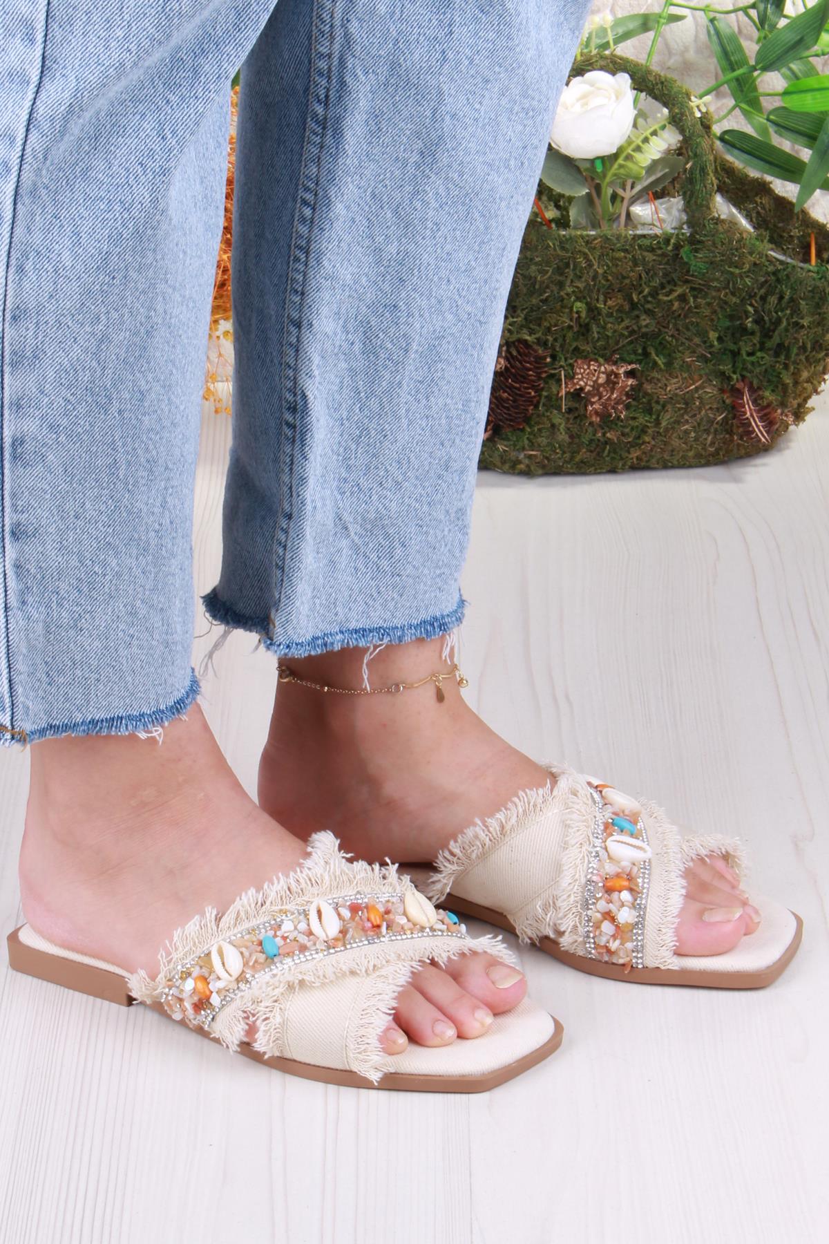 3571 Keten Bonçuk Taş Detaylı Tatil Terliği Günlük Terlik Kadın Terlik - Görsel 4