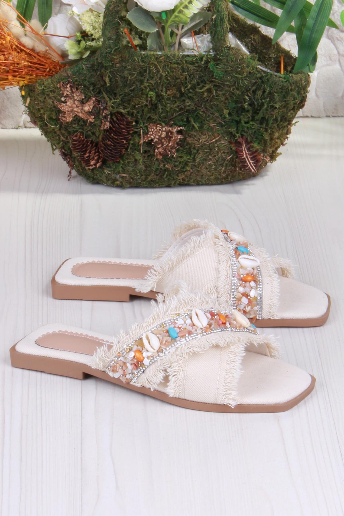 3571 Keten Bonçuk Taş Detaylı Tatil Terliği Günlük Terlik Kadın Terlik - Görsel 5