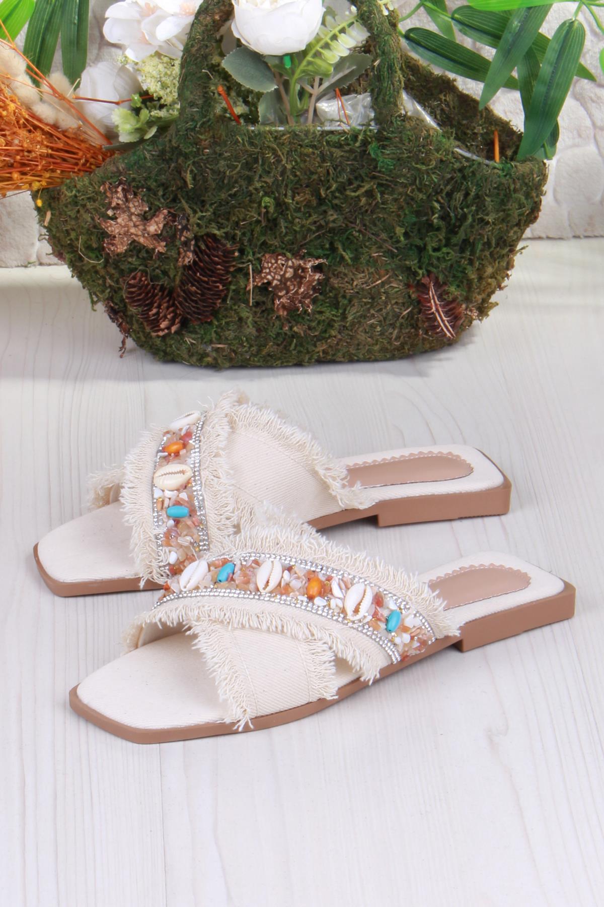 3571 Keten Bonçuk Taş Detaylı Tatil Terliği Günlük Terlik Kadın Terlik - Görsel 6