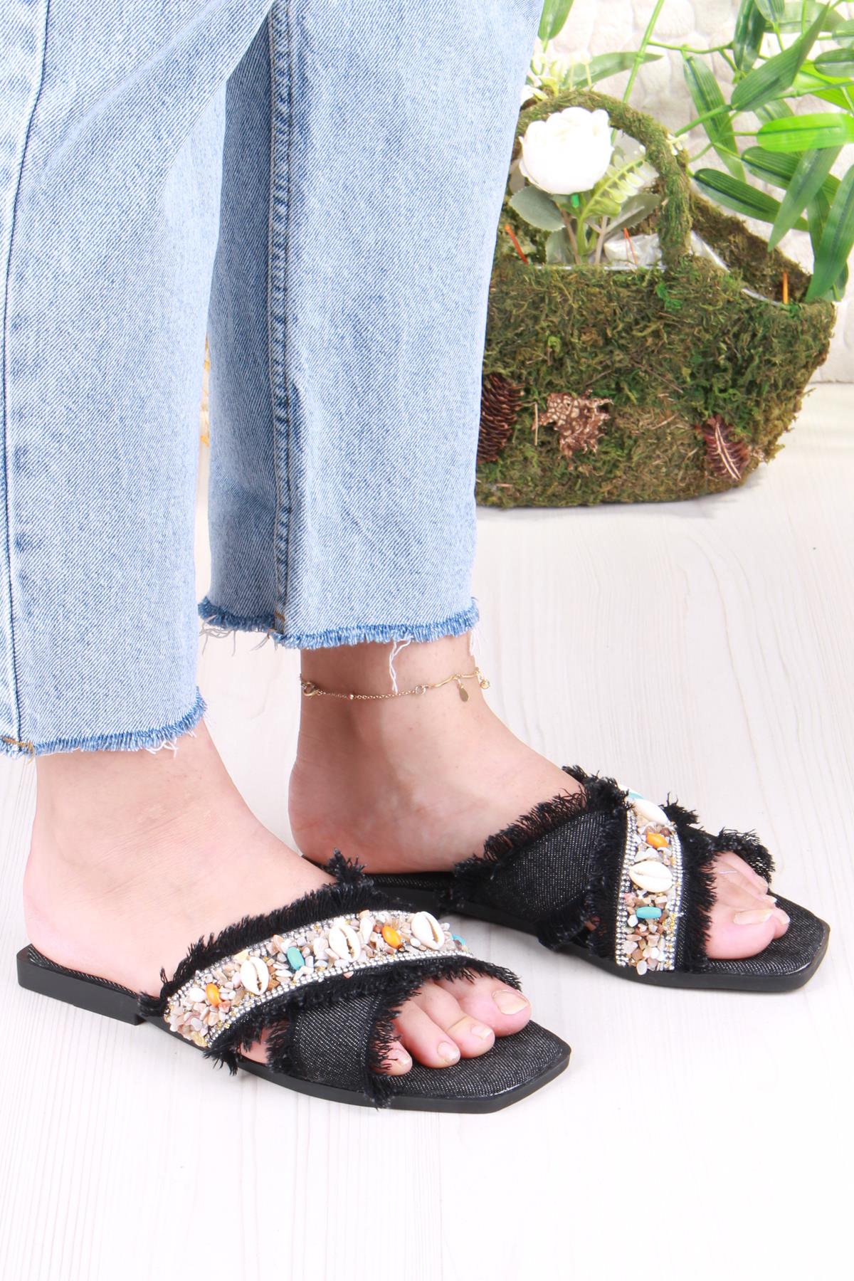 3571 Keten Bonçuk Taş Detaylı Tatil Terliği Günlük Terlik Kadın Terlik - Görsel 4