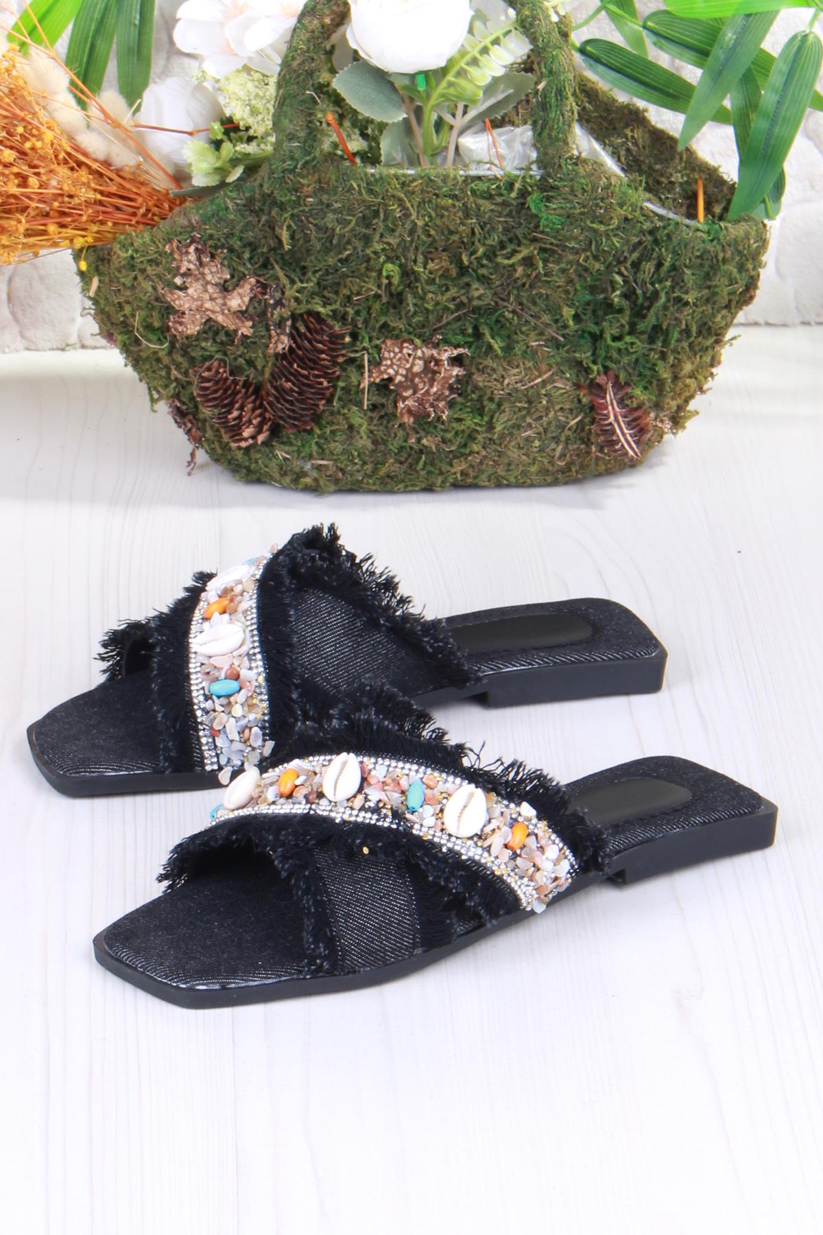 3571 Keten Bonçuk Taş Detaylı Tatil Terliği Günlük Terlik Kadın Terlik - Görsel 6