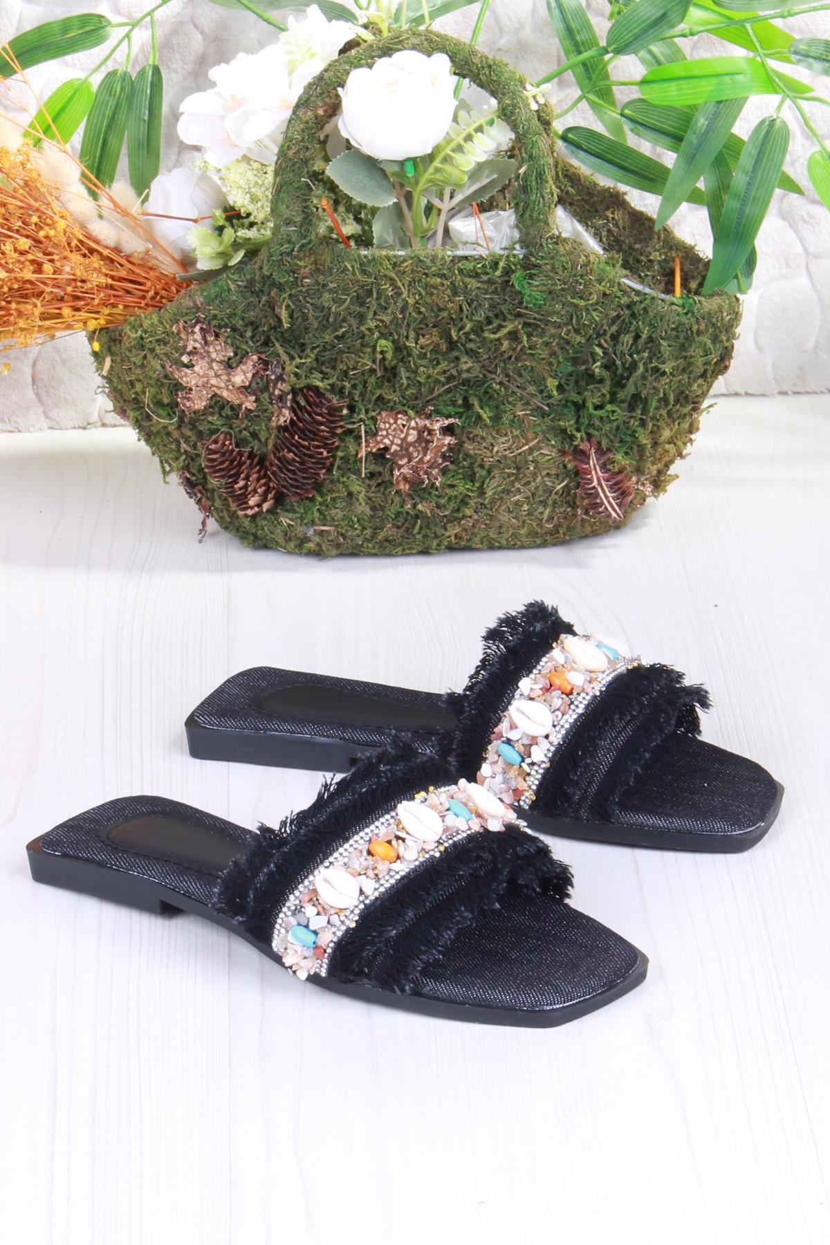 3572 Keten Bonçuk Taş Detaylı Tatil Terliği Günlük Terlik Kadın Terlik - Görsel 5