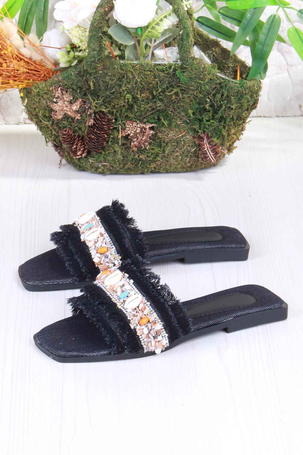 3572 Keten Bonçuk Taş Detaylı Tatil Terliği Günlük Terlik Kadın Terlik - Görsel 6