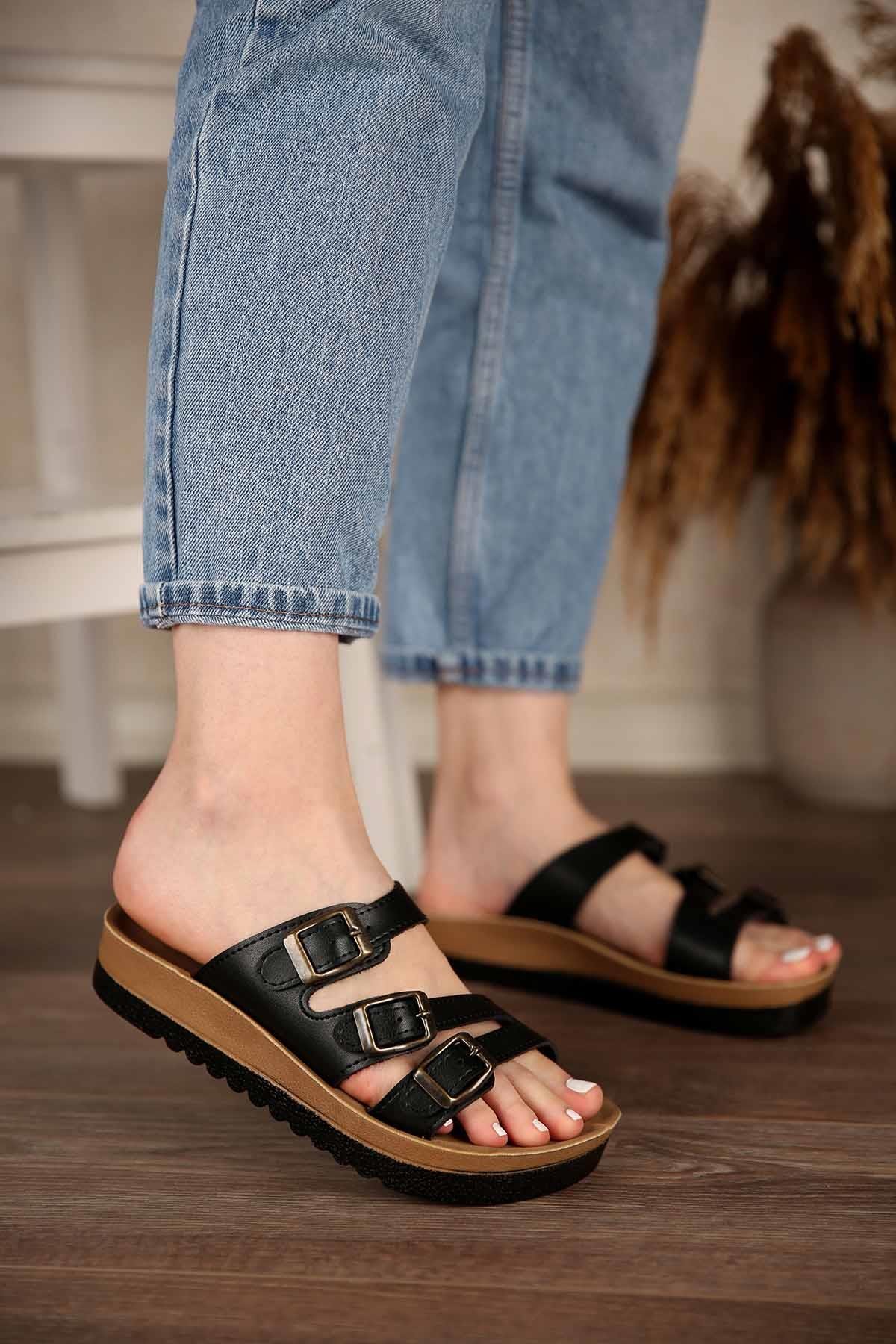 Kadın 3 Tokalı Terlik SİYAH CİLT - Görsel 3