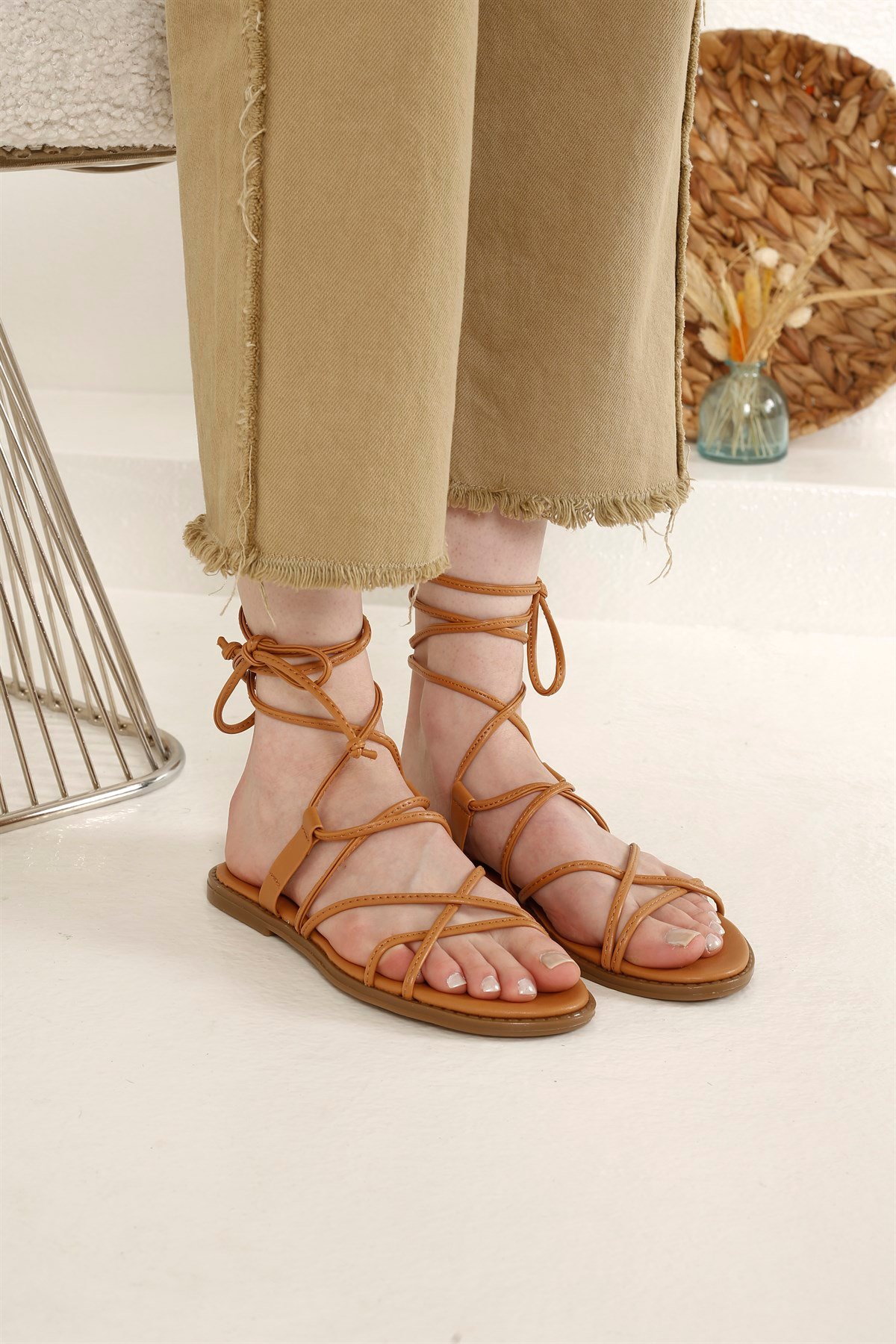 Kadın İp Bağlamalı Sandalet CAMEL CİLT - Görsel 2