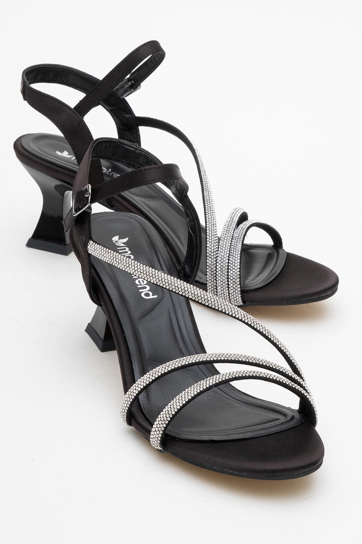 Kadın İki Biyel Bir Çapraz Taşlı Topuklu Sandalet SİYAH SATEN - Görsel 2