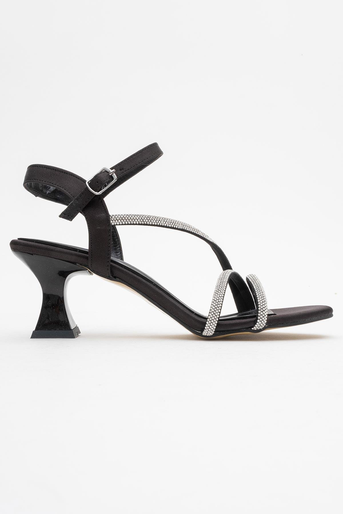 Kadın İki Biyel Bir Çapraz Taşlı Topuklu Sandalet SİYAH SATEN - Görsel 3