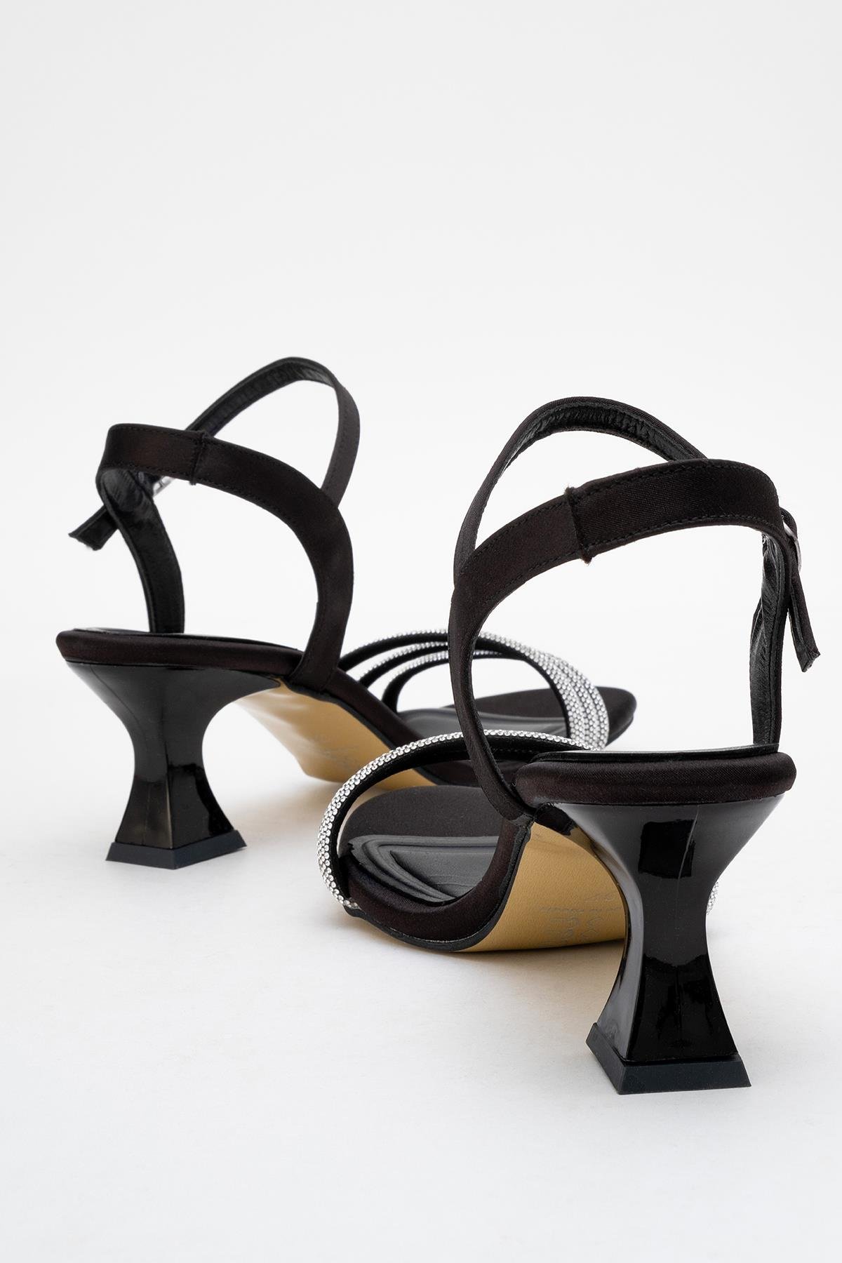 Kadın Biyeli 3 Taşlı Topuklu Sandalet SİYAH SATEN - Görsel 5