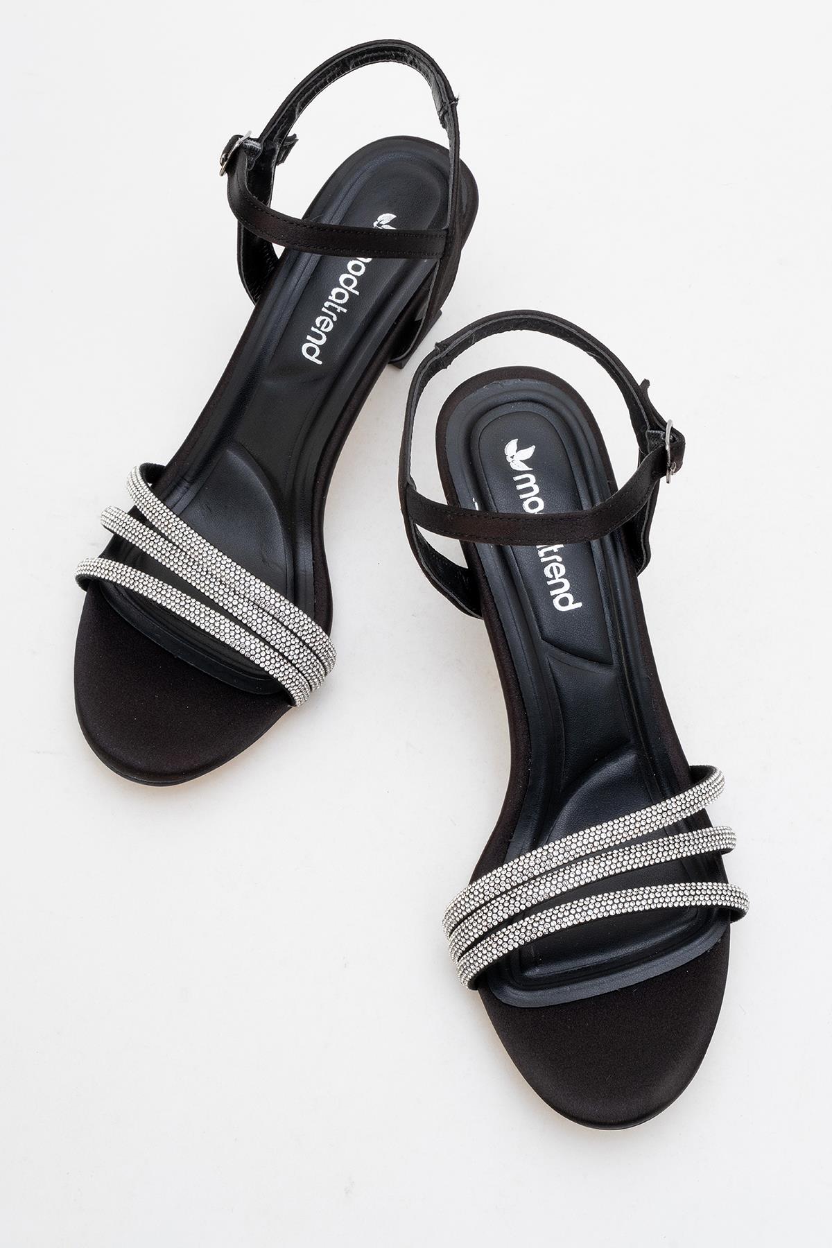 Kadın Biyeli 3 Taşlı Topuklu Sandalet SİYAH SATEN - Görsel 6