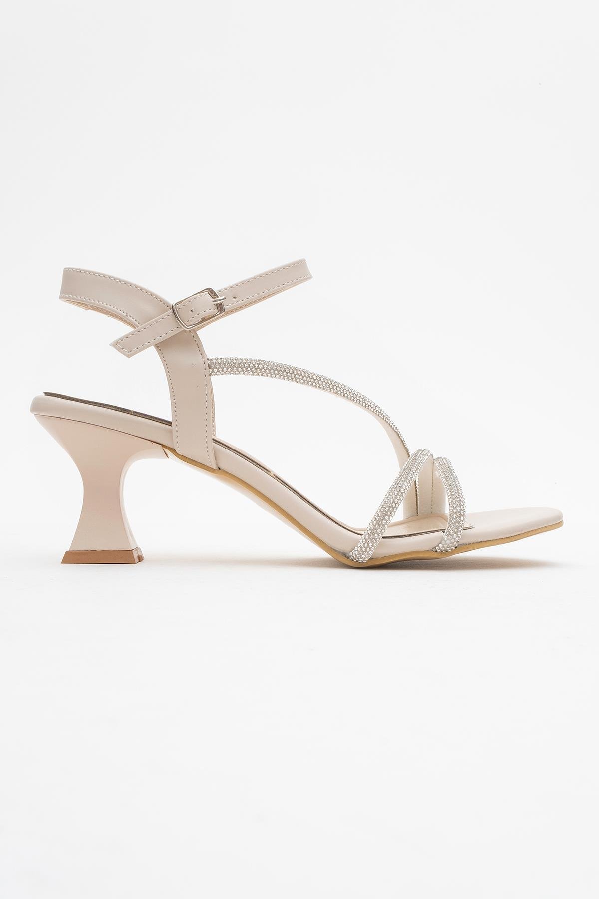 Kadın İki Biyel Bir Çapraz Taşlı Topuklu Sandalet TEN CİLT - Görsel 3