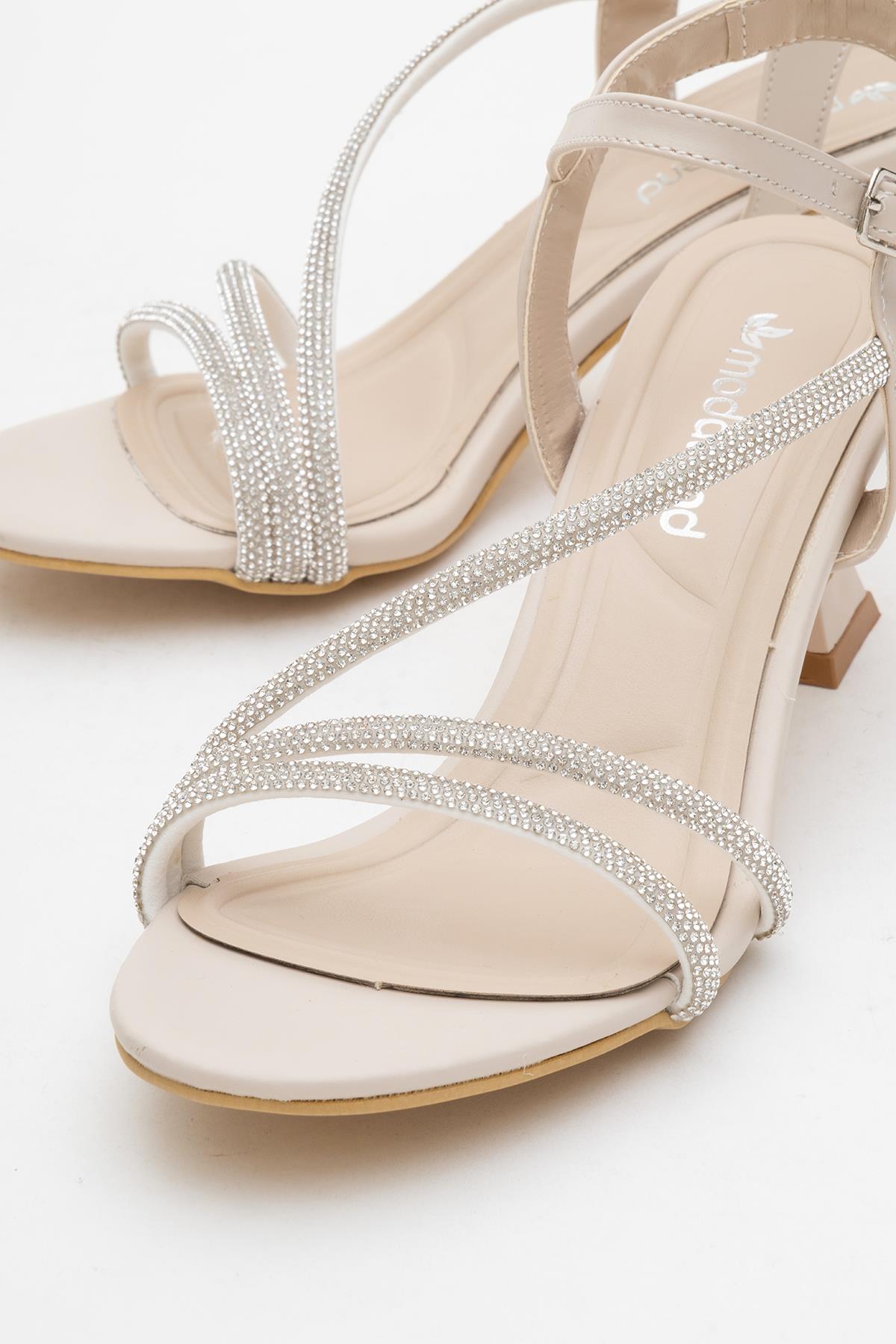 Kadın İki Biyel Bir Çapraz Taşlı Topuklu Sandalet TEN CİLT - Görsel 4