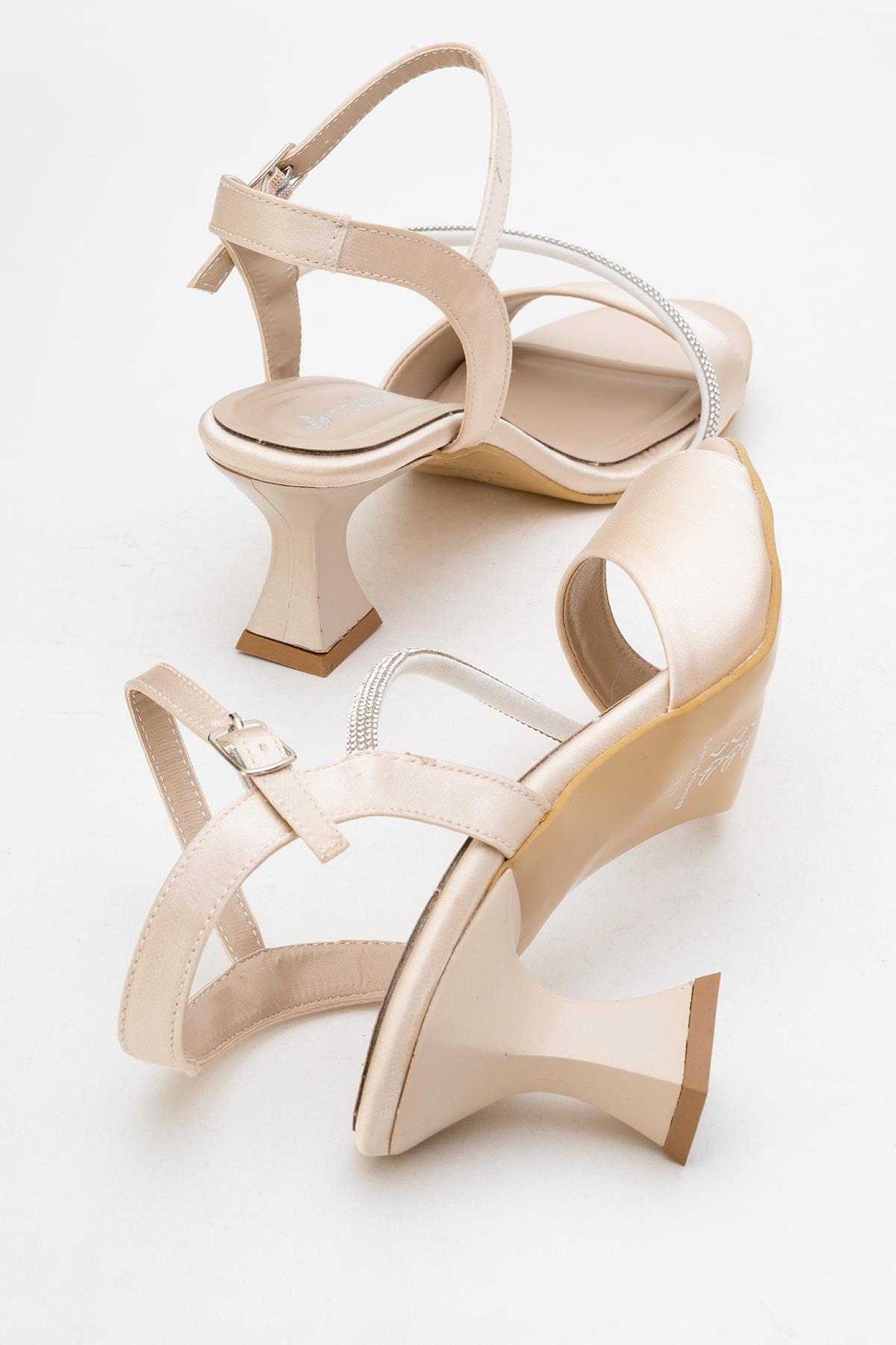 Kadın Kalın Ön Yüz Çapraz Taşlı Topuklu Sandalet TEN SATEN - Görsel 5