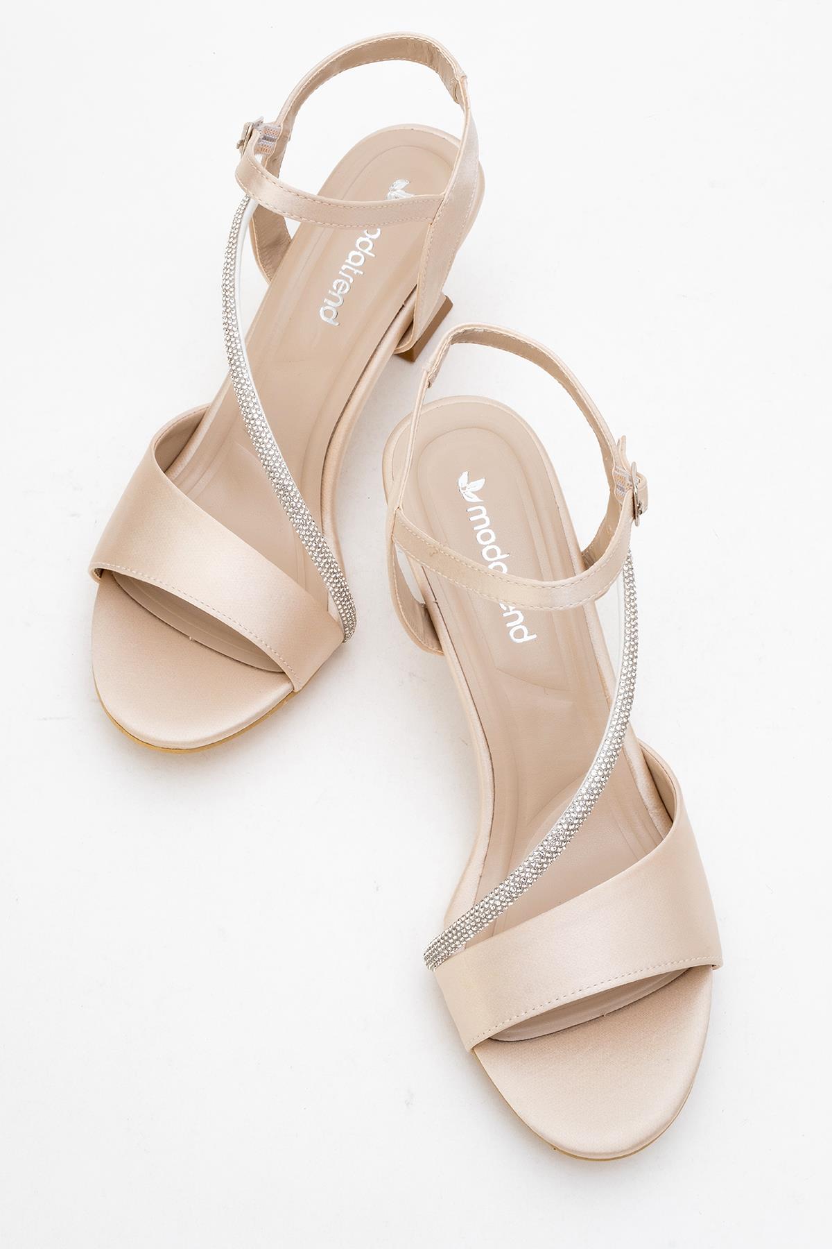 Kadın Kalın Ön Yüz Çapraz Taşlı Topuklu Sandalet TEN SATEN - Görsel 6