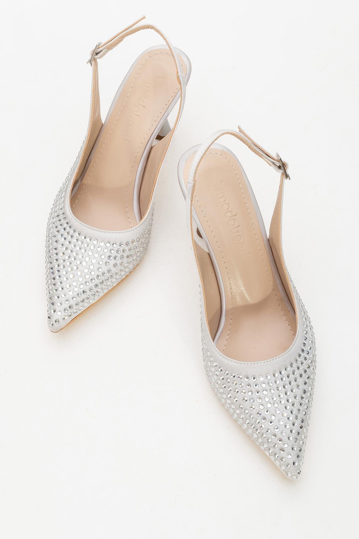 Taşlı Sivri Burunlu Kadın Topuklu Ayakkabı GÜMÜŞ SATEN - Görsel 6